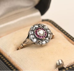 Victorian Champaign Diamond Ring. 0.10ct Old Diamond Ruby Halo Silver 14k Gold