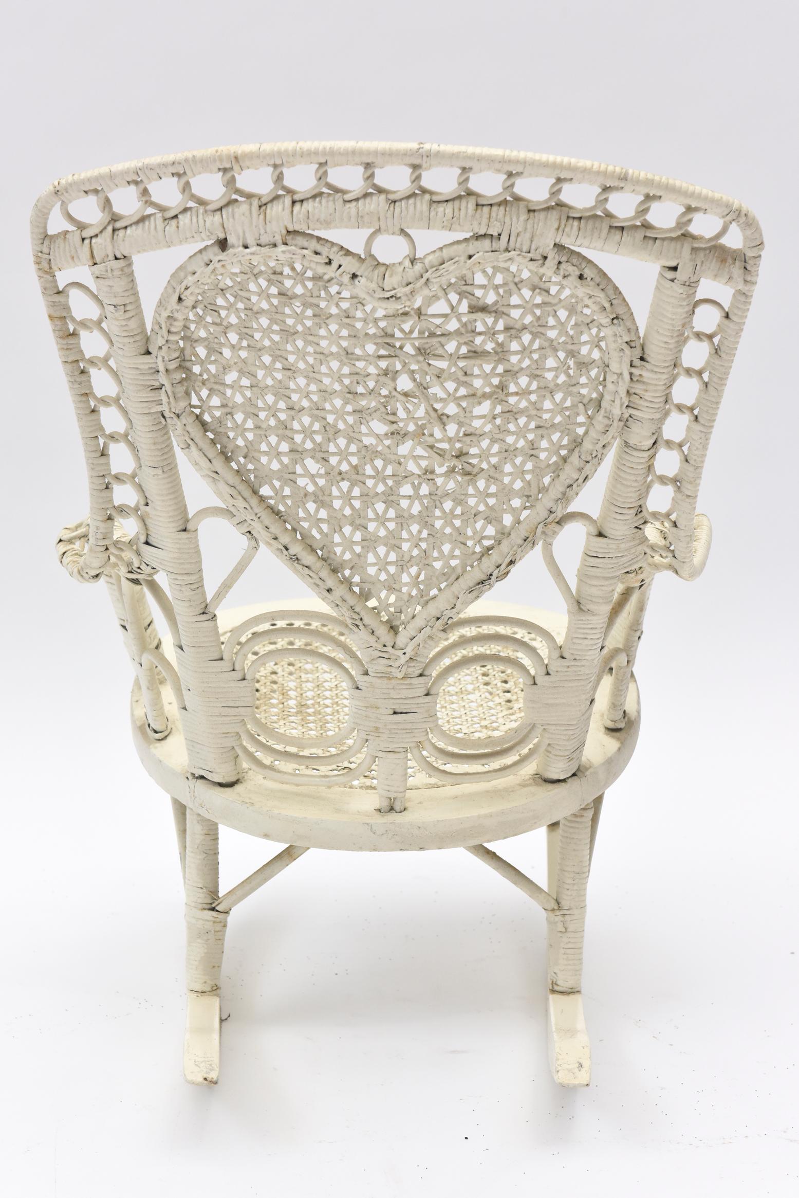 Victorian Child's Wicker Rocking Chair with Heart Shape Spider Woven Back In Good Condition In Miami Beach, FL