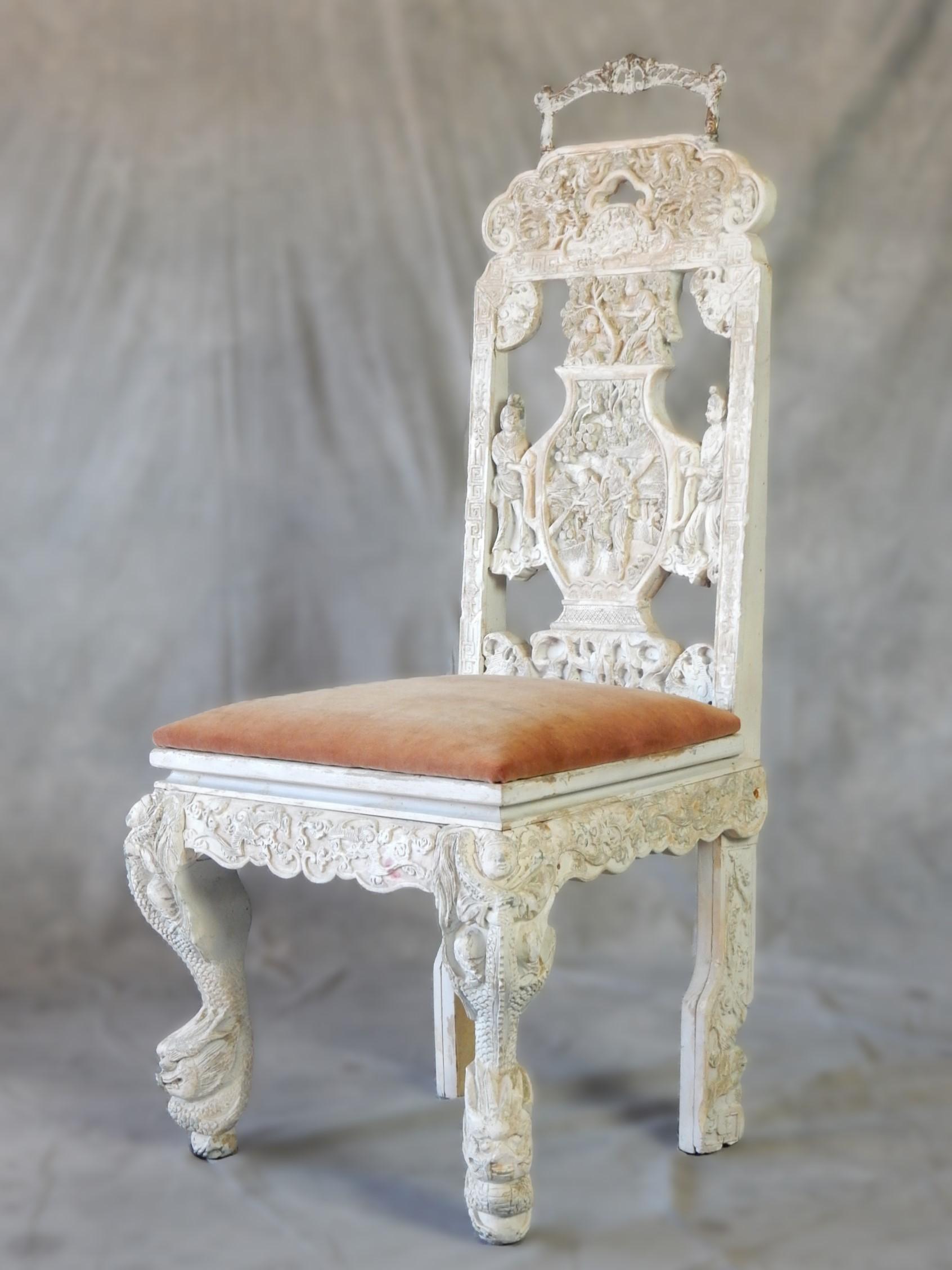 Victorian Chinoiserie era Molded Plaster Chaise Percée Commode Chair  For Sale 12