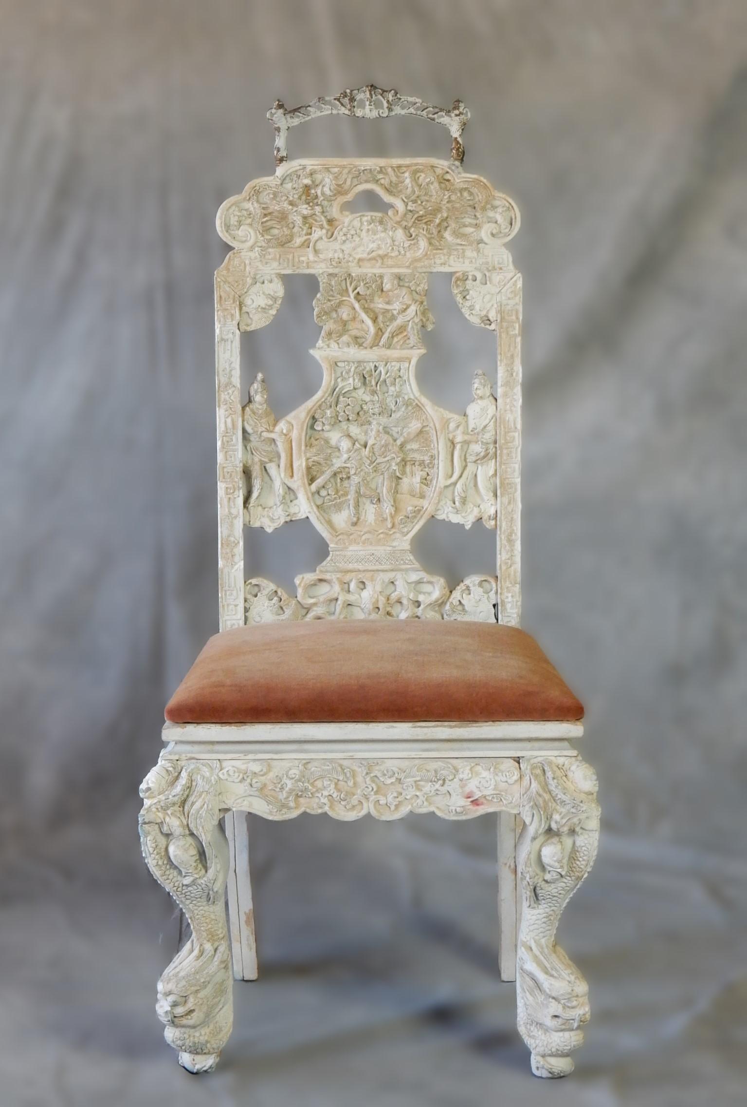 English Victorian Chinoiserie era Molded Plaster Chaise Percée Commode Chair  For Sale