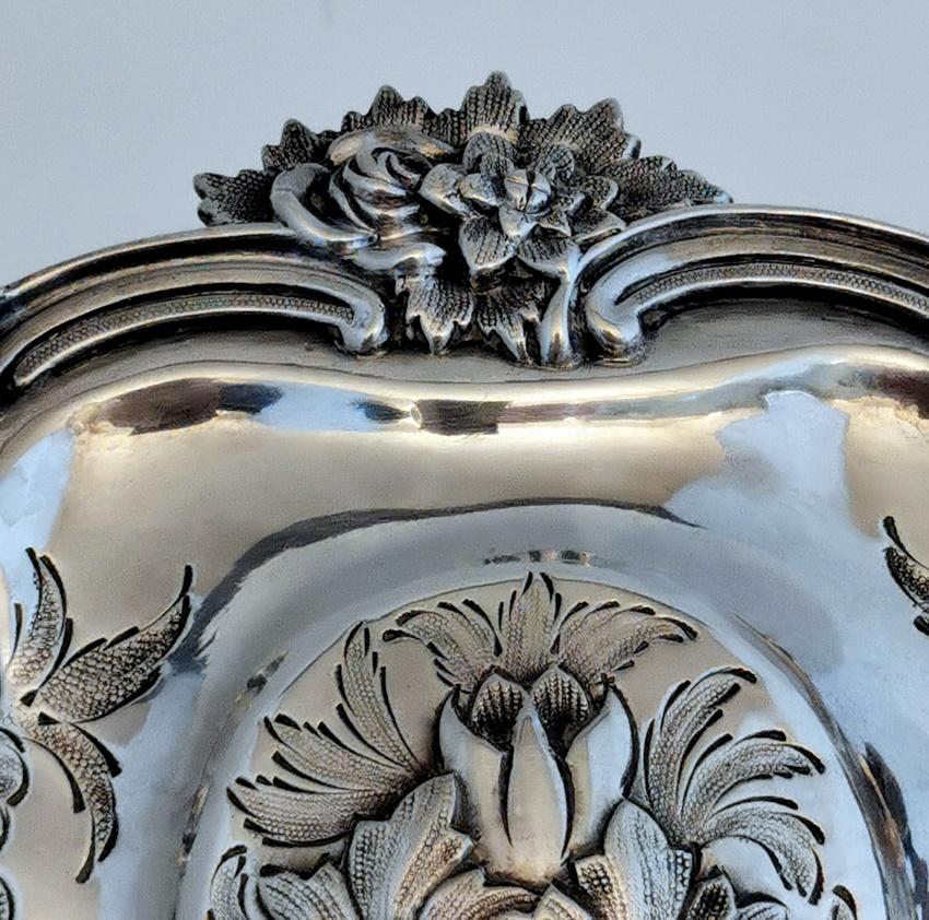 Victorian Chiseled And Engraved Sterling Silver Basket With Handle For Sale 8