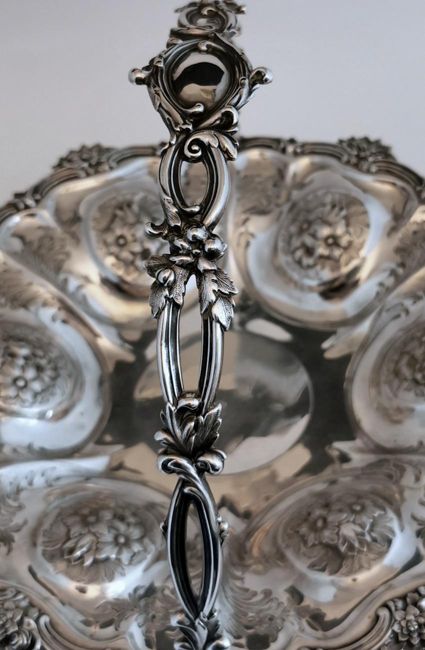 Victorian Chiseled And Engraved Sterling Silver Basket With Handle For Sale 9