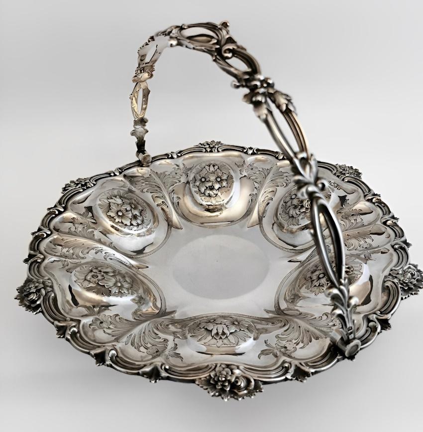 Hand-Crafted Victorian Chiseled And Engraved Sterling Silver Basket With Handle For Sale