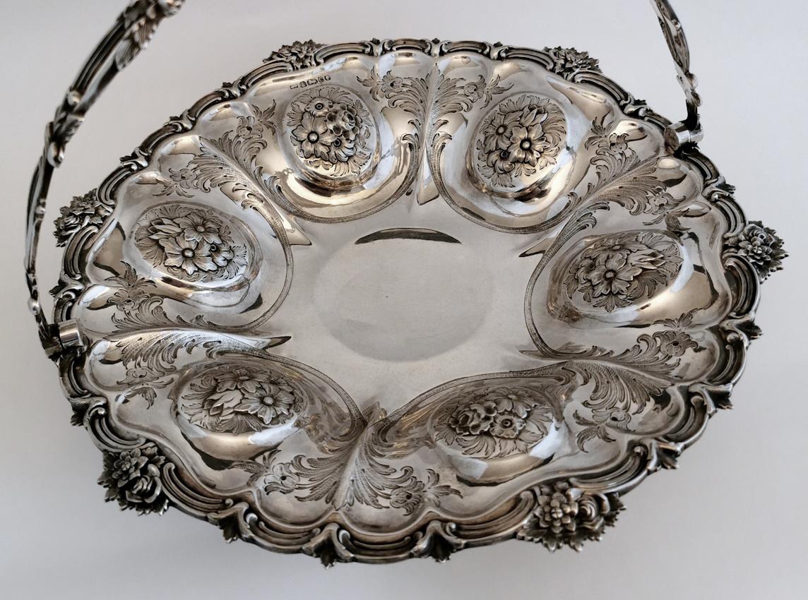 19th Century Victorian Chiseled And Engraved Sterling Silver Basket With Handle For Sale