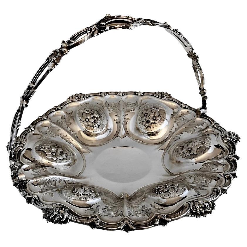 Victorian Chiseled And Engraved Sterling Silver Basket With Handle For Sale