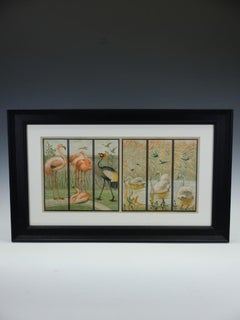 The Swan Triptych and Flamingos Chromolithographs, Victorian, Black Frame