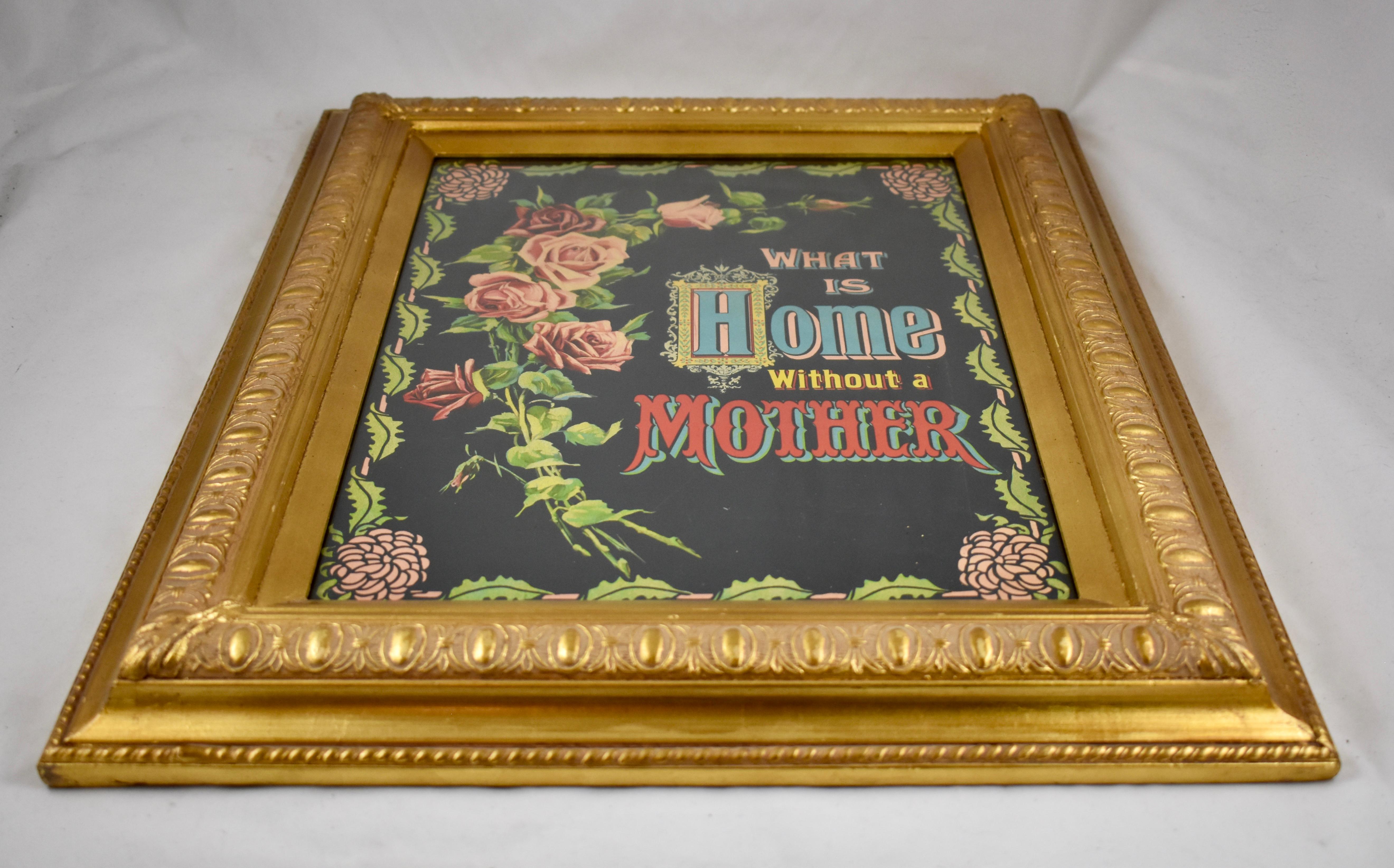 Victorian Chromolithograph What Is Home Without Mother Motto in Gilt Wood Frame For Sale 4