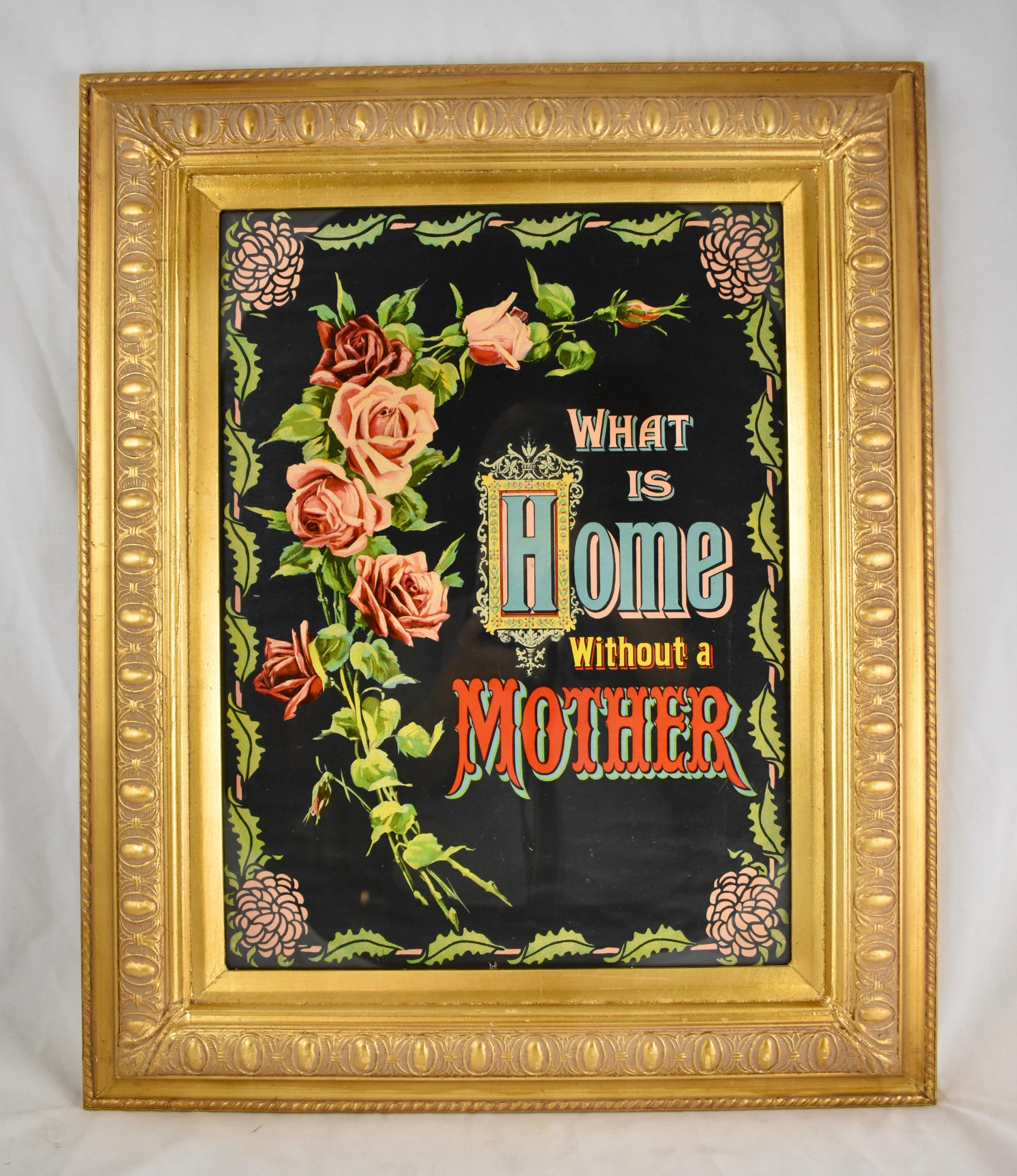 Victorian Chromolithograph What Is Home Without Mother Motto in Gilt Wood Frame 5