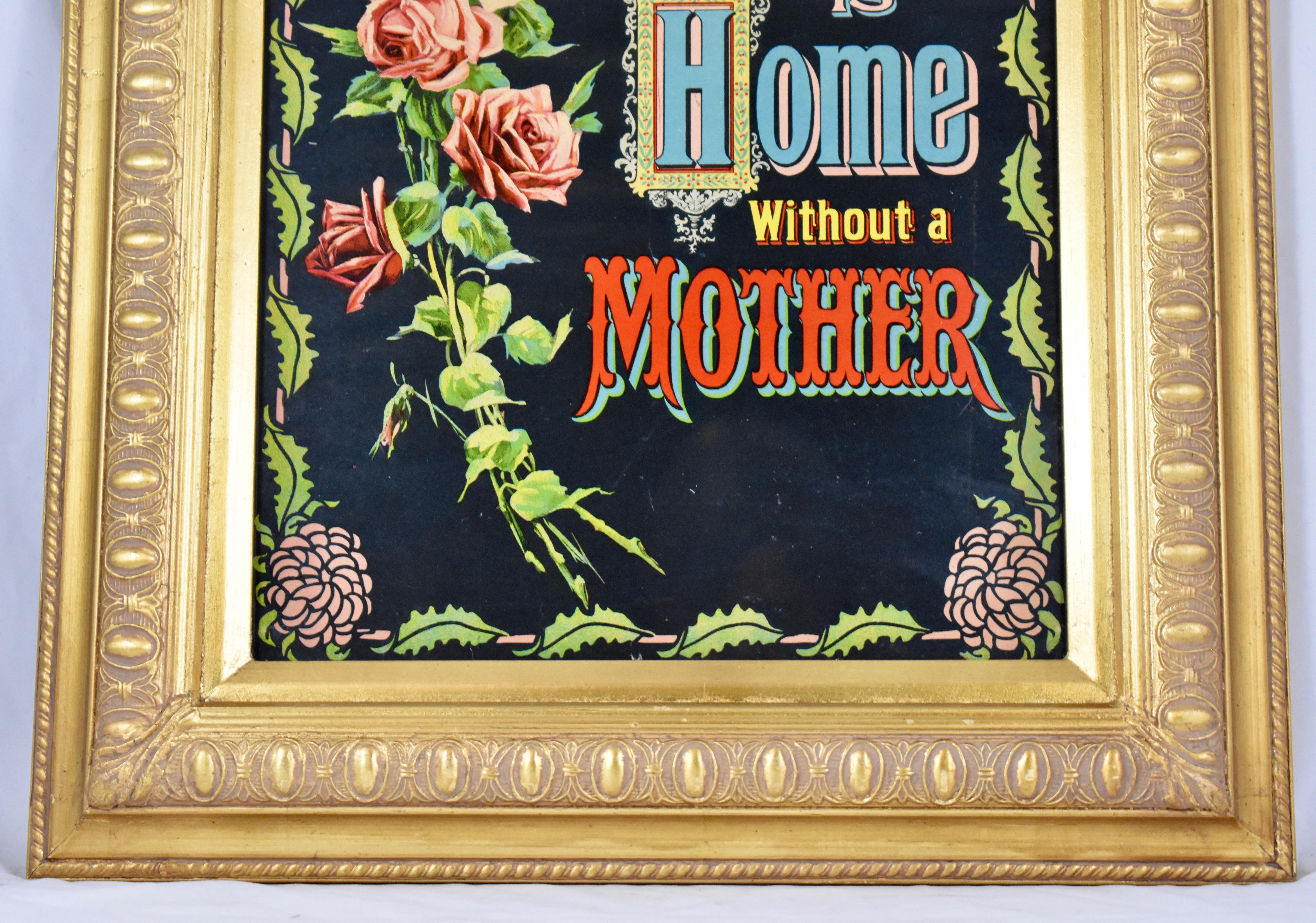 Victorian Chromolithograph What Is Home Without Mother Motto in Gilt Wood Frame For Sale 2
