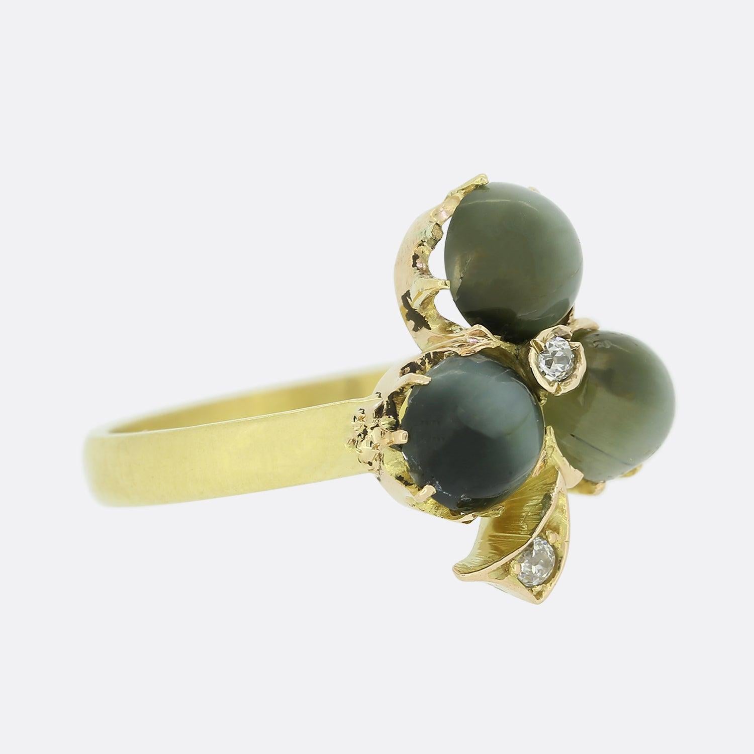 Round Cut Victorian Chrysoberyl Cats Eye and Diamond Clover Ring For Sale