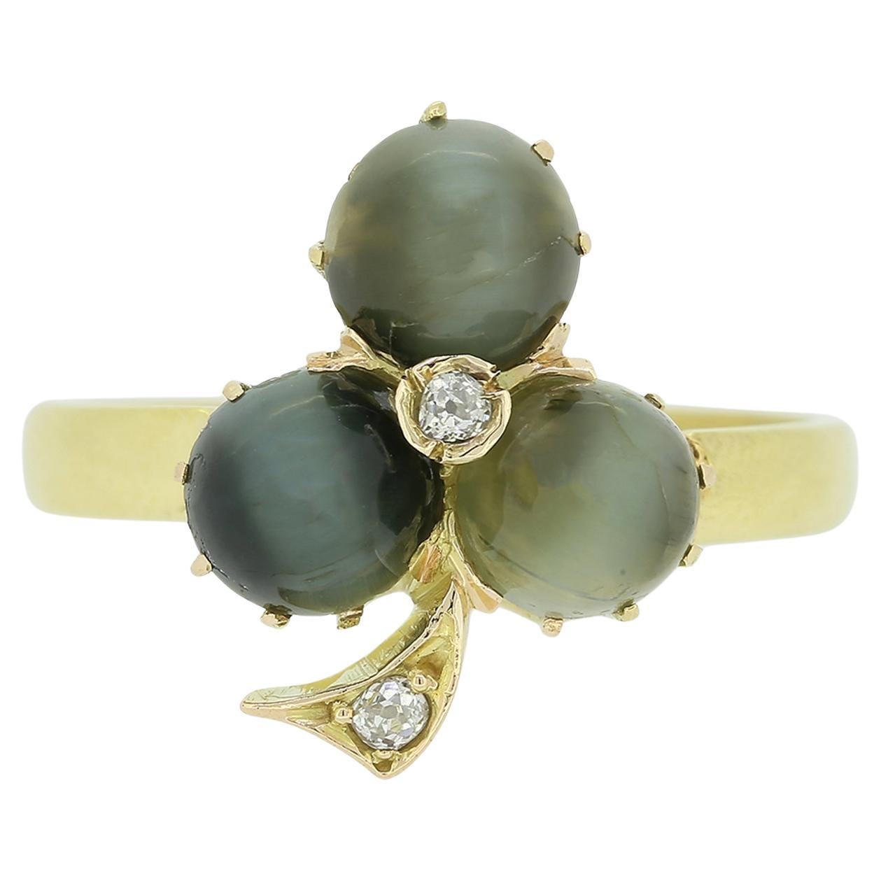 Victorian Chrysoberyl Cats Eye and Diamond Clover Ring For Sale