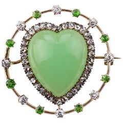 Victorian Chrysophrase, Demontoid Garnet and Diamonds Set Heart Shape Brooch