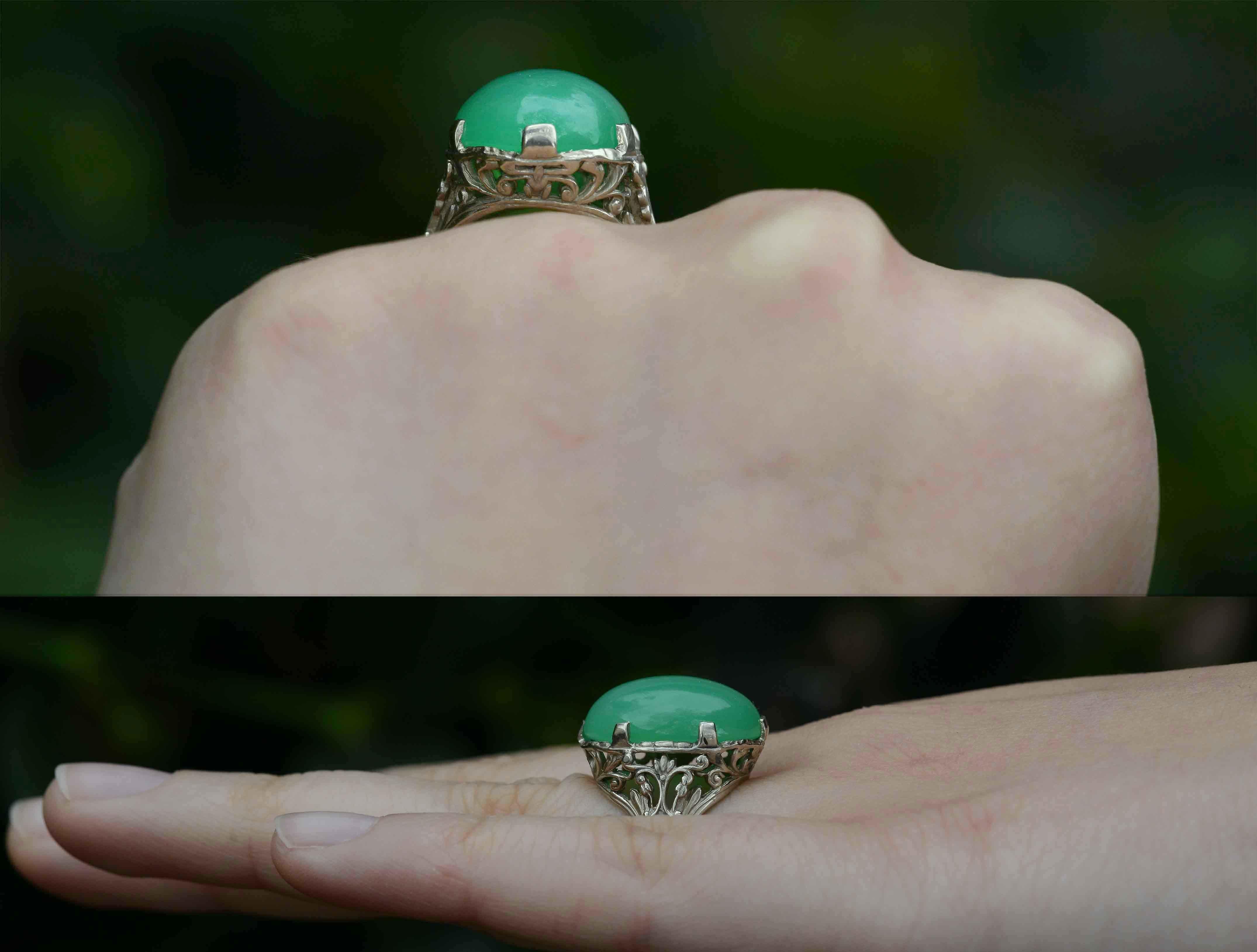 Victorian Filigree Domed Cabochon Chrysoprase Cocktail Ring 