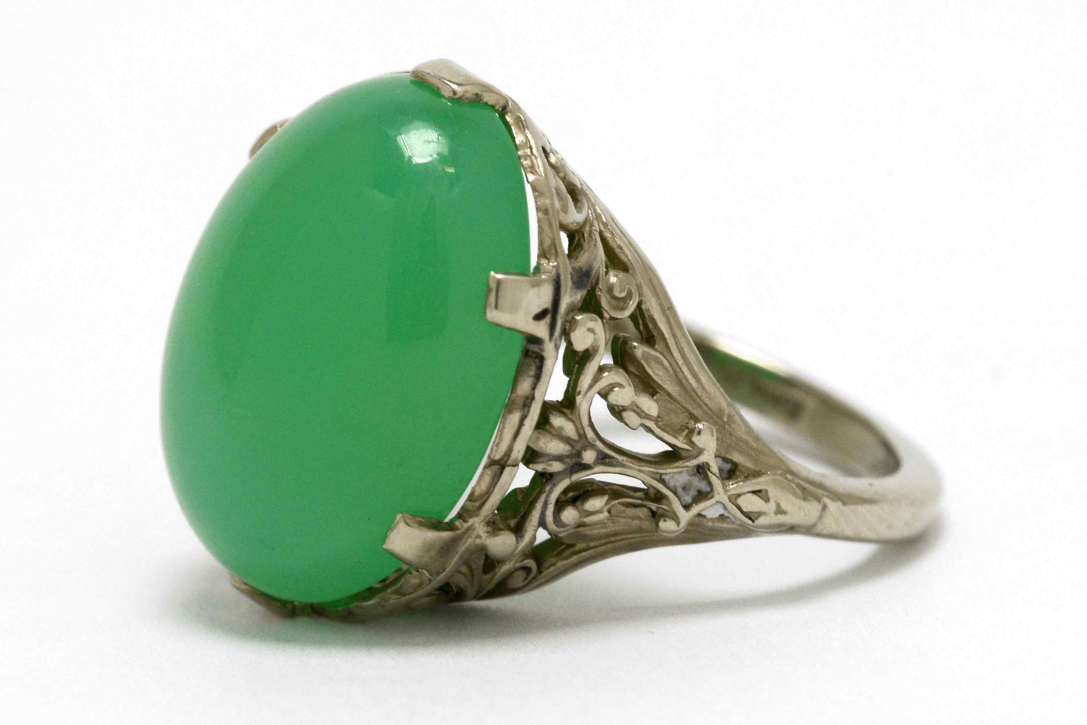 Oval Cut Filigree Domed Cabochon Chrysoprase Cocktail Ring 