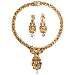 Victorian circa 1845, Parure Set of Ruby Pearl Gold Earrings Necklace Brooch