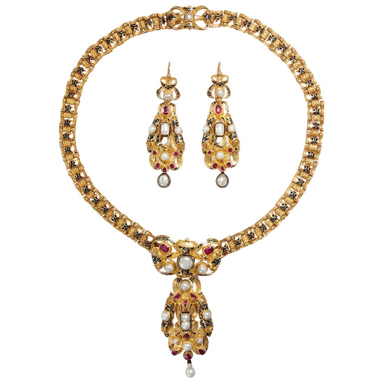 Victorian circa 1845, Parure Set of Ruby Pearl Gold Earrings Necklace ...