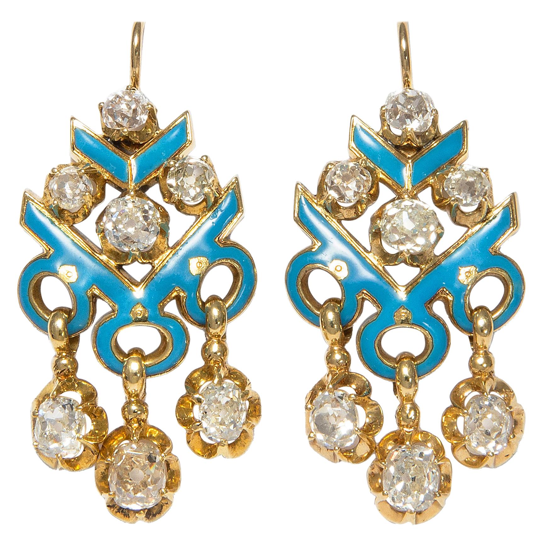 Victorian circa 1850 Certified 3.82 Carat Diamond Enamel Chandelier Earrings