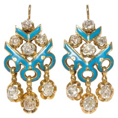 Antique Victorian circa 1850 Certified 3.82 Carat Diamond Enamel Chandelier Earrings