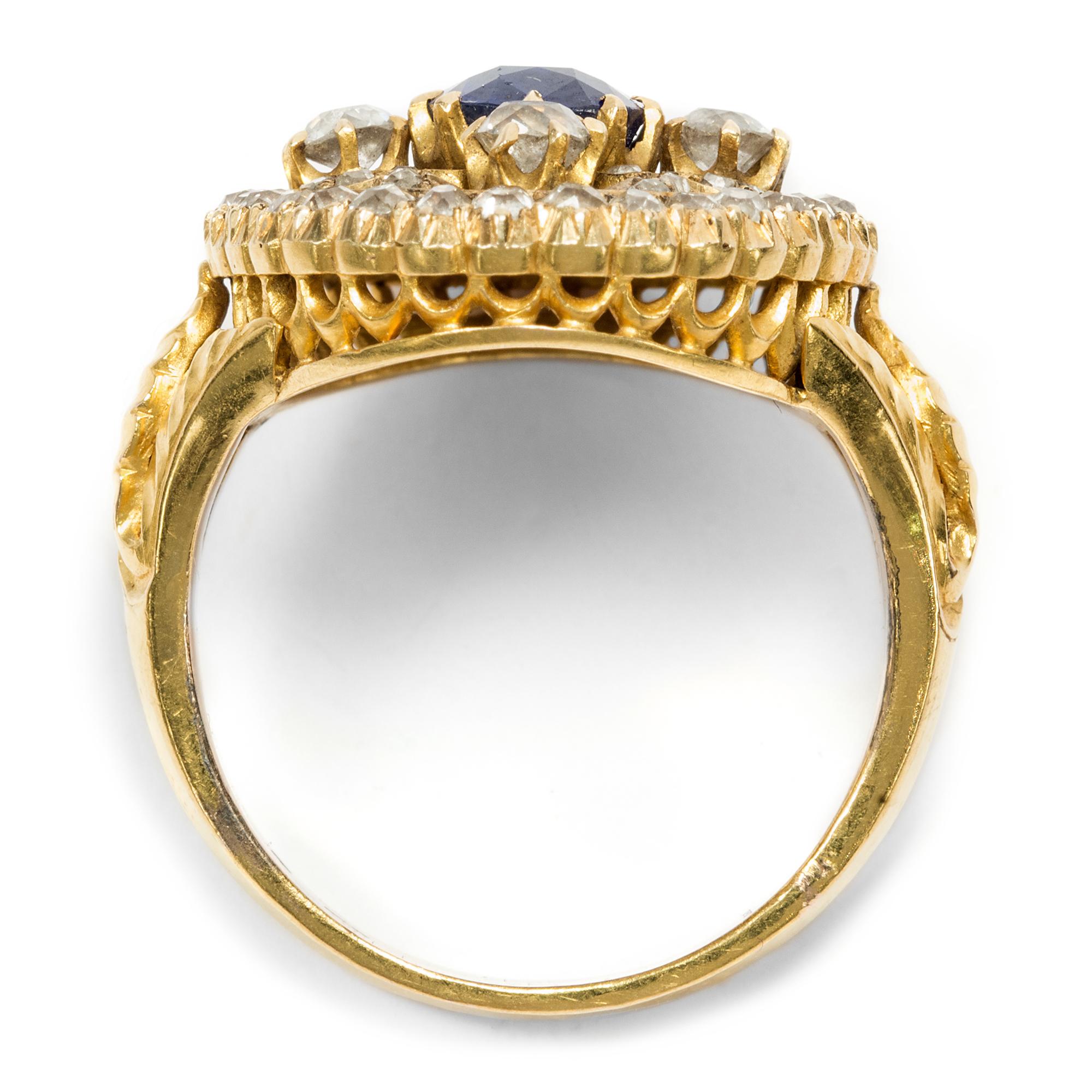 Early Victorian Victorian circa 1850 Natural No Heat Madagascar Blue Sapphire Diamond Gold Ring For Sale
