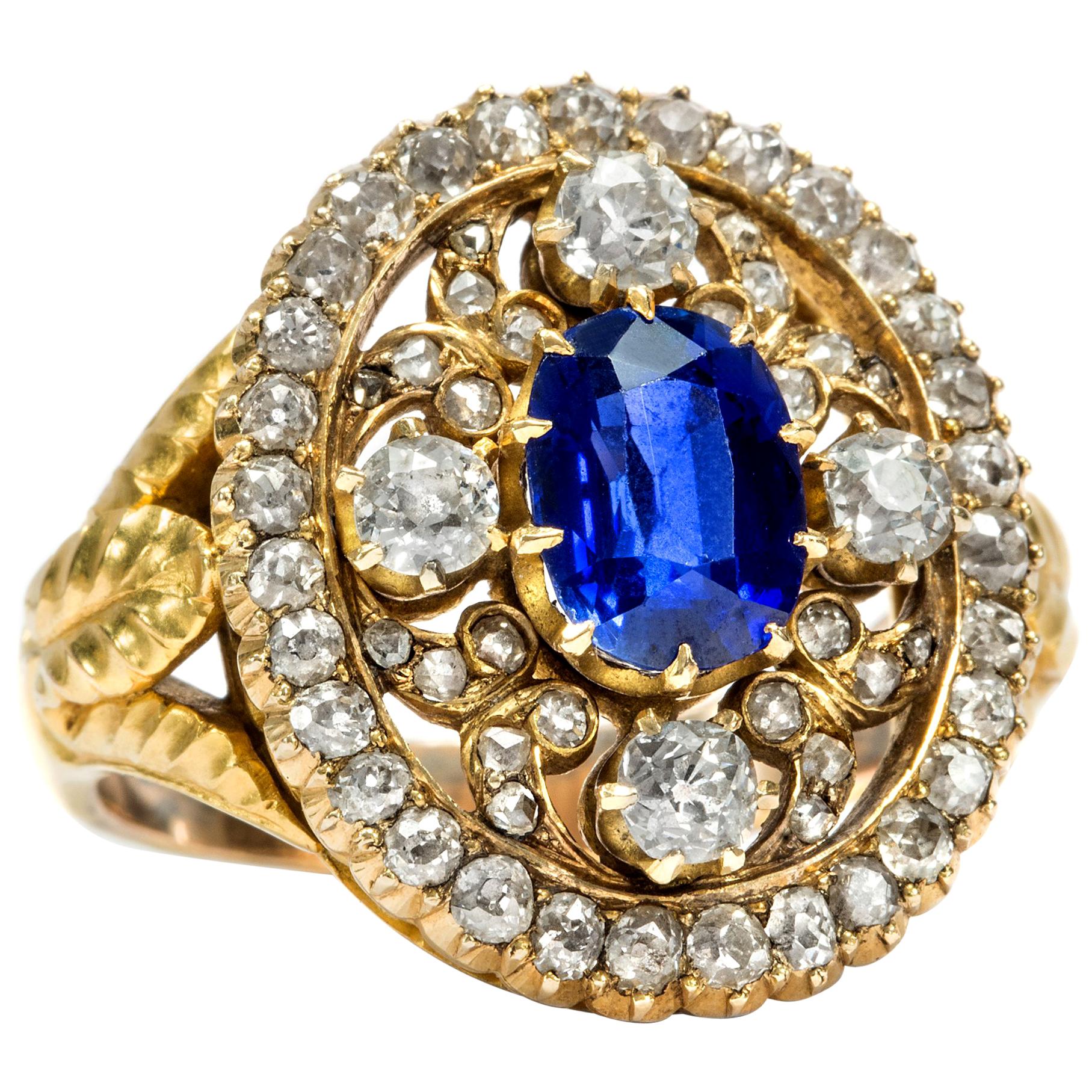 Victorian circa 1850 Natural No Heat Madagascar Blue Sapphire Diamond Gold Ring For Sale