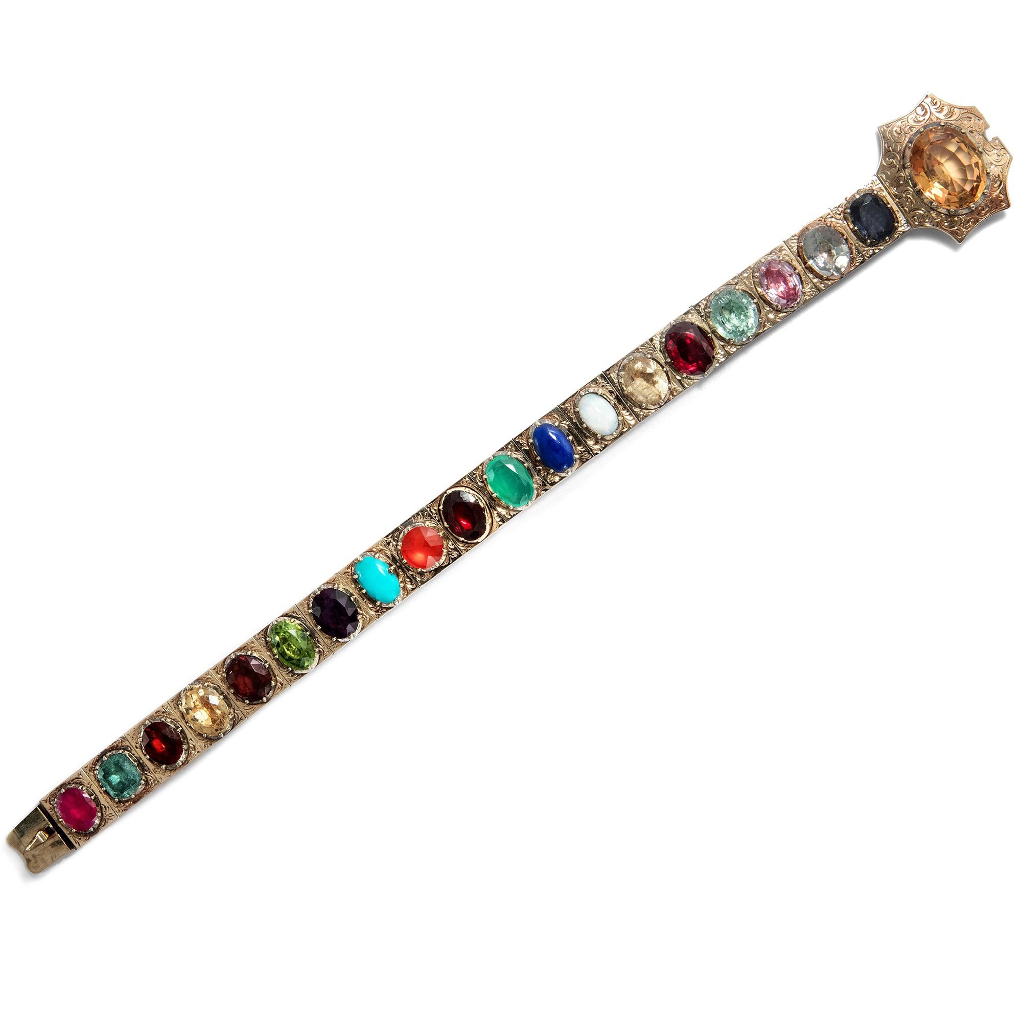 Women's or Men's Victorian circa 1850 Ruby Sapphire Opal Emerald Multi Gemstone 18k Gold Bracelet