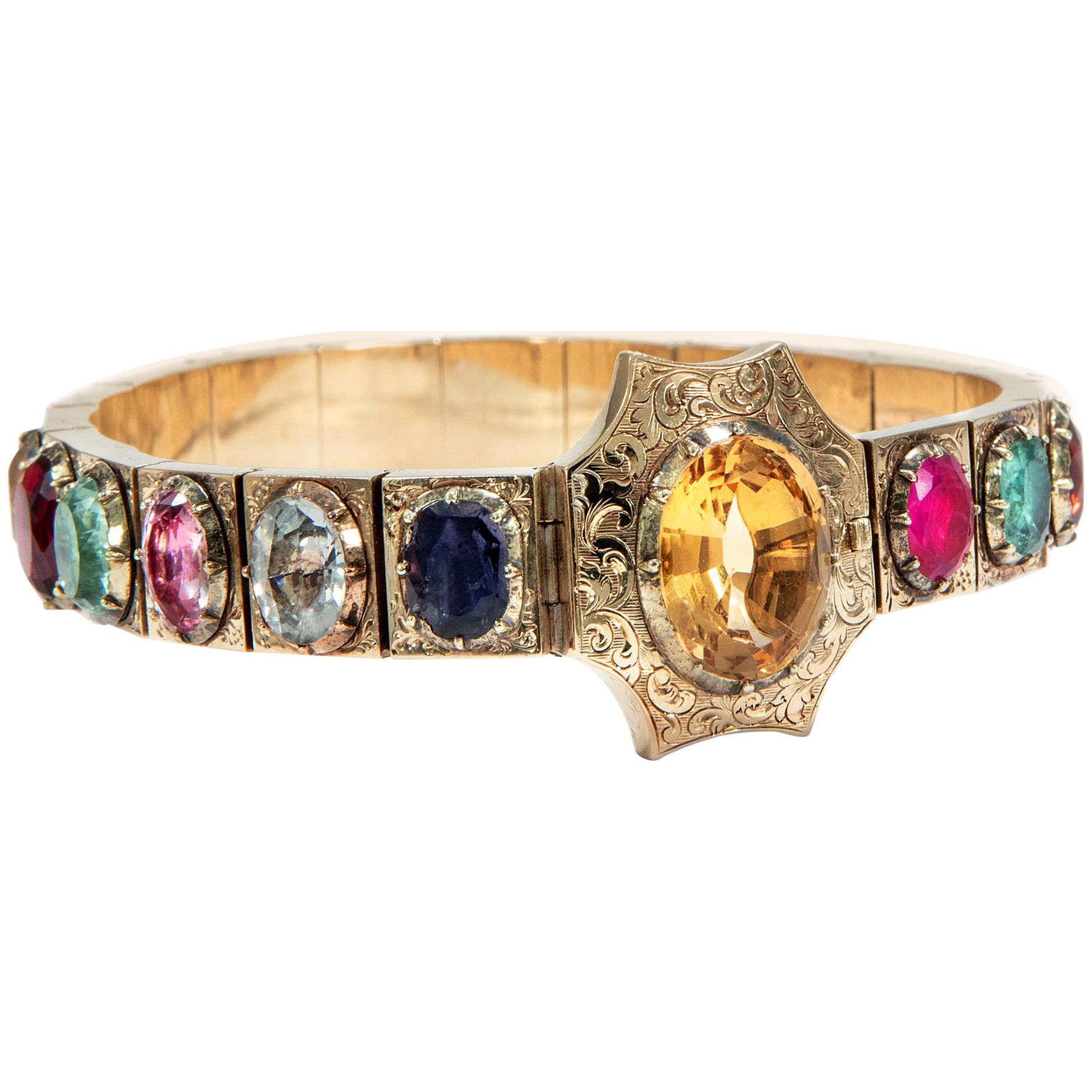 Victorian circa 1850 Ruby Sapphire Opal Emerald Multi Gemstone 18k Gold Bracelet