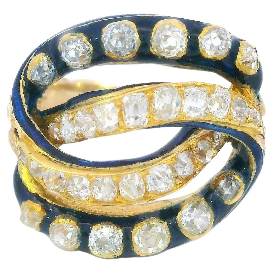 Victorian Blue Enamel Diamond Woven Knot Ring Circa 1860 18K and 14K Gold