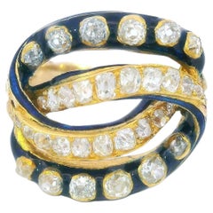 Victorian Blue Enamel Diamond Woven Knot Ring Circa 1860 18K and 14K Gold