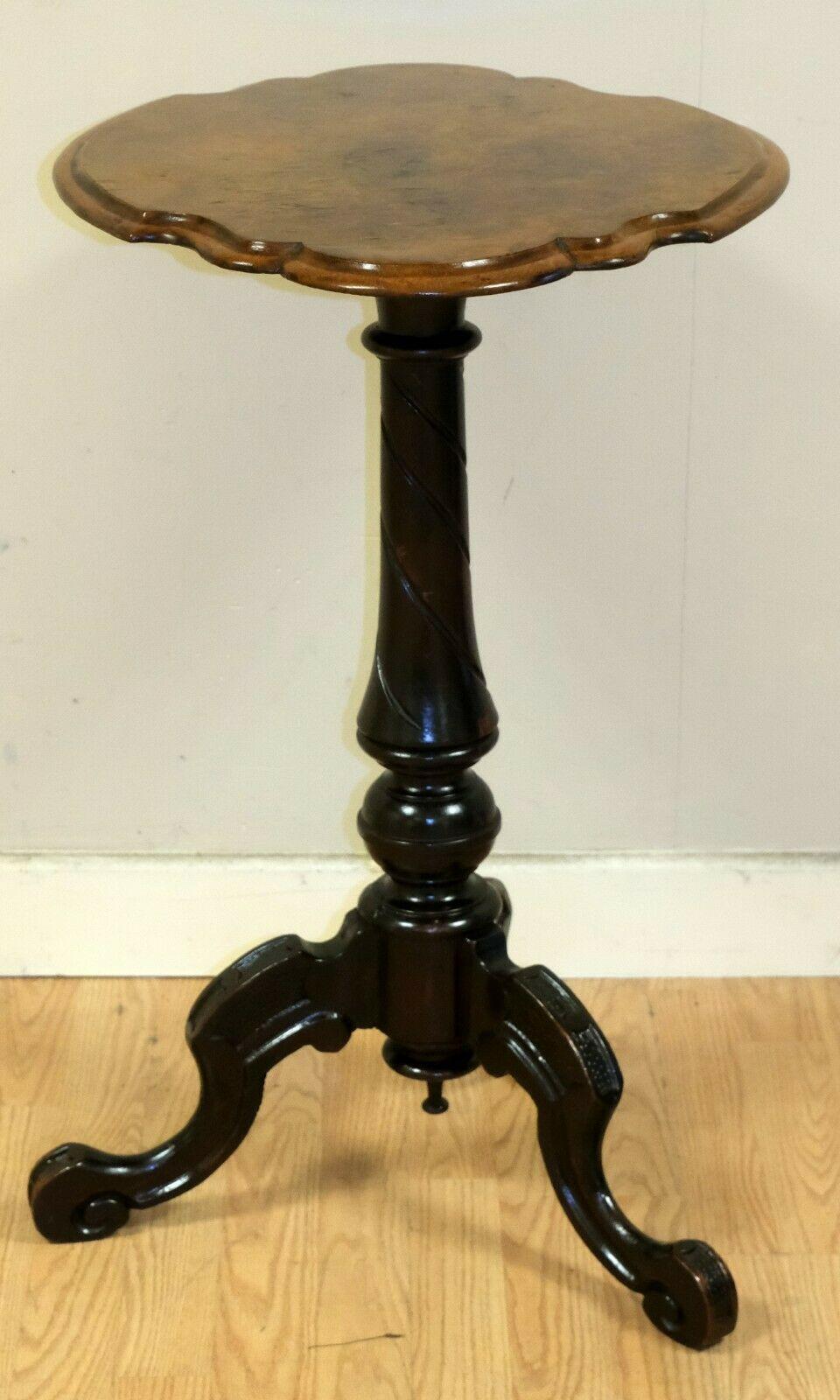 High Victorian Victorian circa 1860 Burr Walnut Tripod Side End Table with Scalloped Edge For Sale