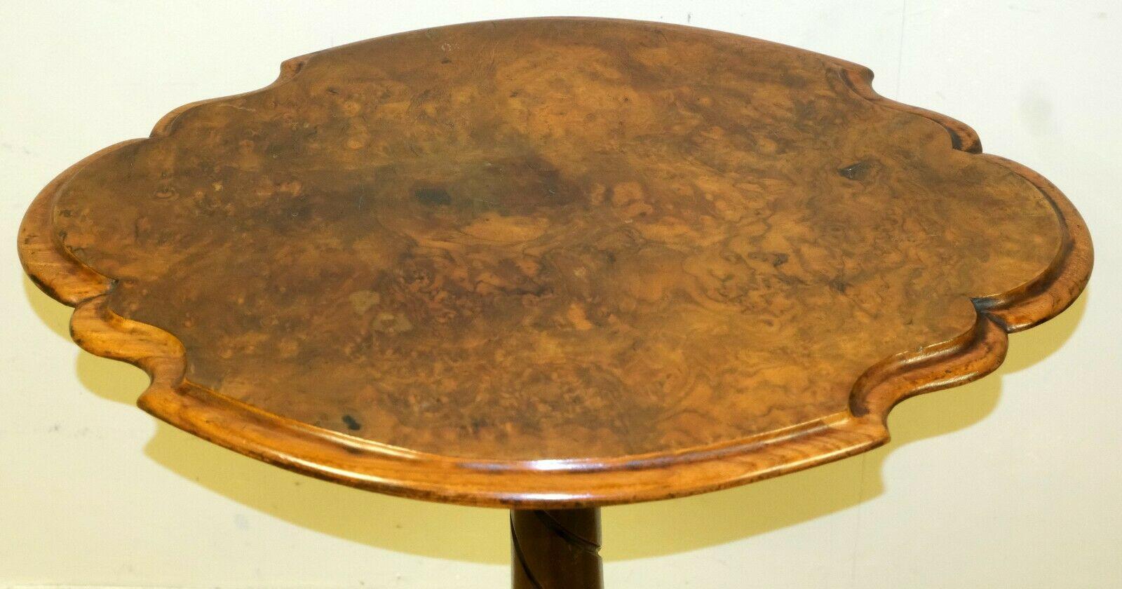 Mid-19th Century Victorian circa 1860 Burr Walnut Tripod Side End Table with Scalloped Edge For Sale