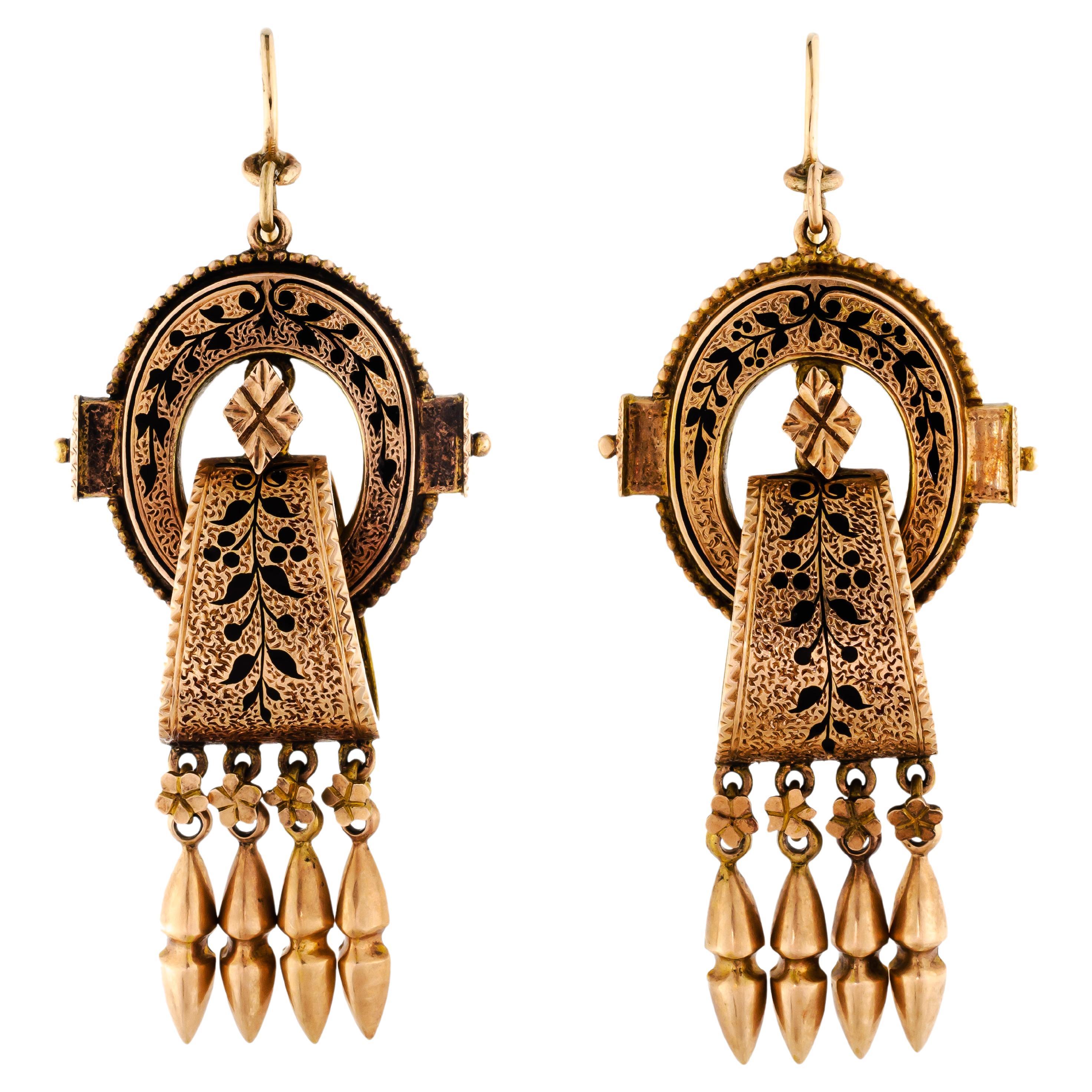 Victorian Circa 1865 Black Enamel Tracery Yellow Gold Pendant Dangle Earrings For Sale