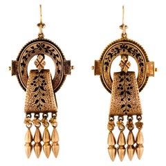 Antique Victorian Circa 1865 Black Enamel Tracery Yellow Gold Pendant Dangle Earrings