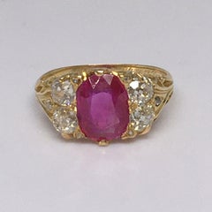 Victorian circa 1869 Unheated Burmese Ruby Diamond Ring 18k Antique Yellow Gold