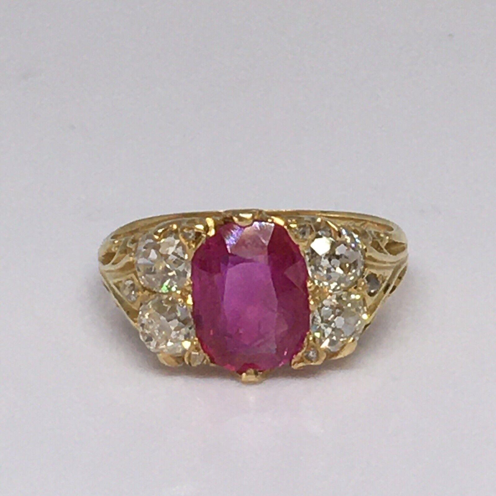 Victorian circa 1869 Unheated Burmese Ruby Diamond Ring 18k Antique Yellow Gold In Good Condition For Sale In Santa Monica, CA