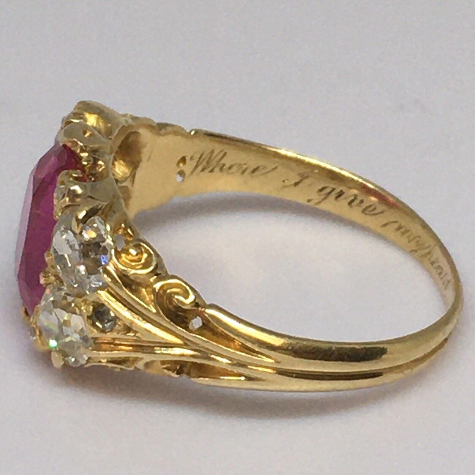 Women's Victorian circa 1869 Unheated Burmese Ruby Diamond Ring 18k Antique Yellow Gold For Sale