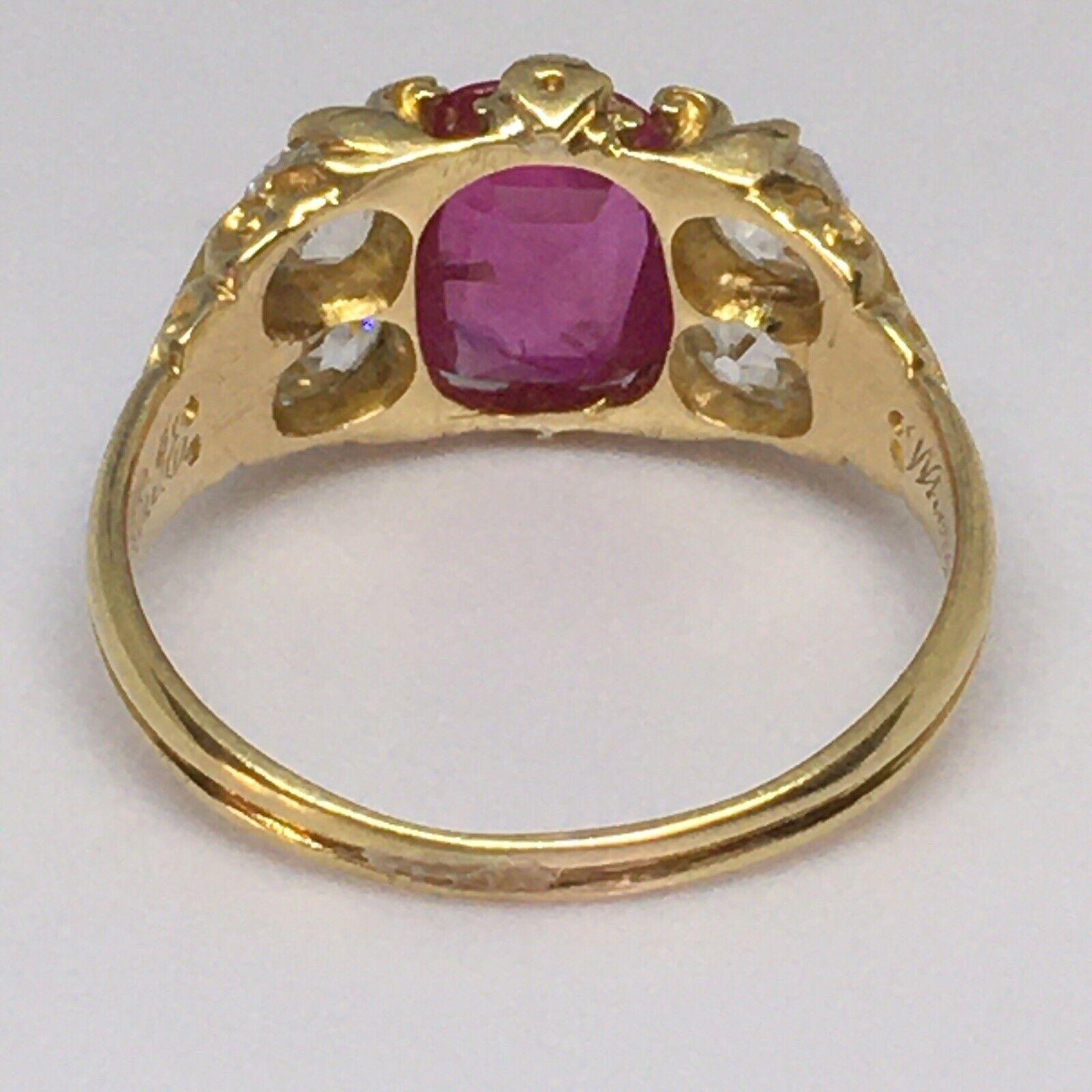 Victorian circa 1869 Unheated Burmese Ruby Diamond Ring 18k Antique Yellow Gold For Sale 1