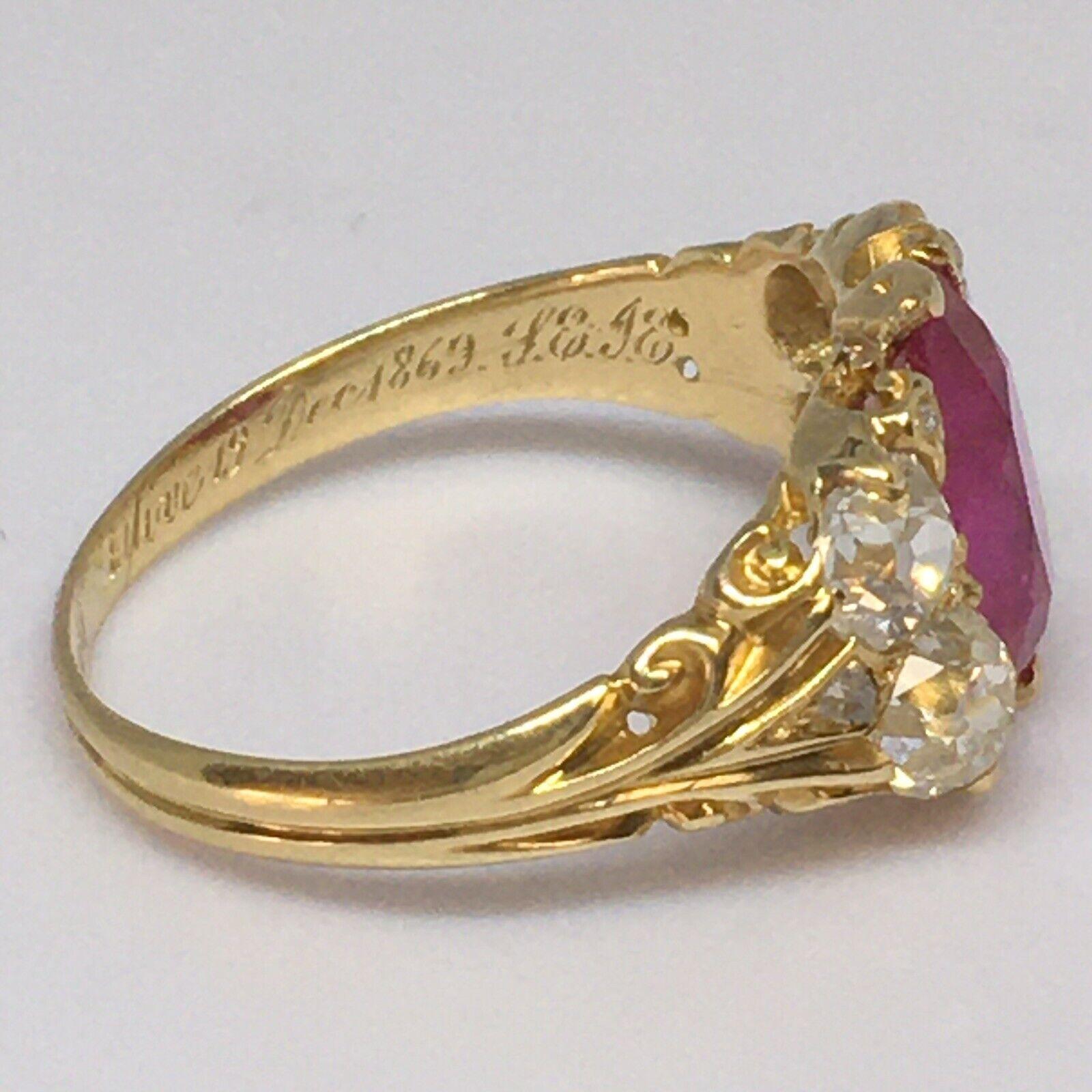 Victorian circa 1869 Unheated Burmese Ruby Diamond Ring 18k Antique Yellow Gold For Sale 2