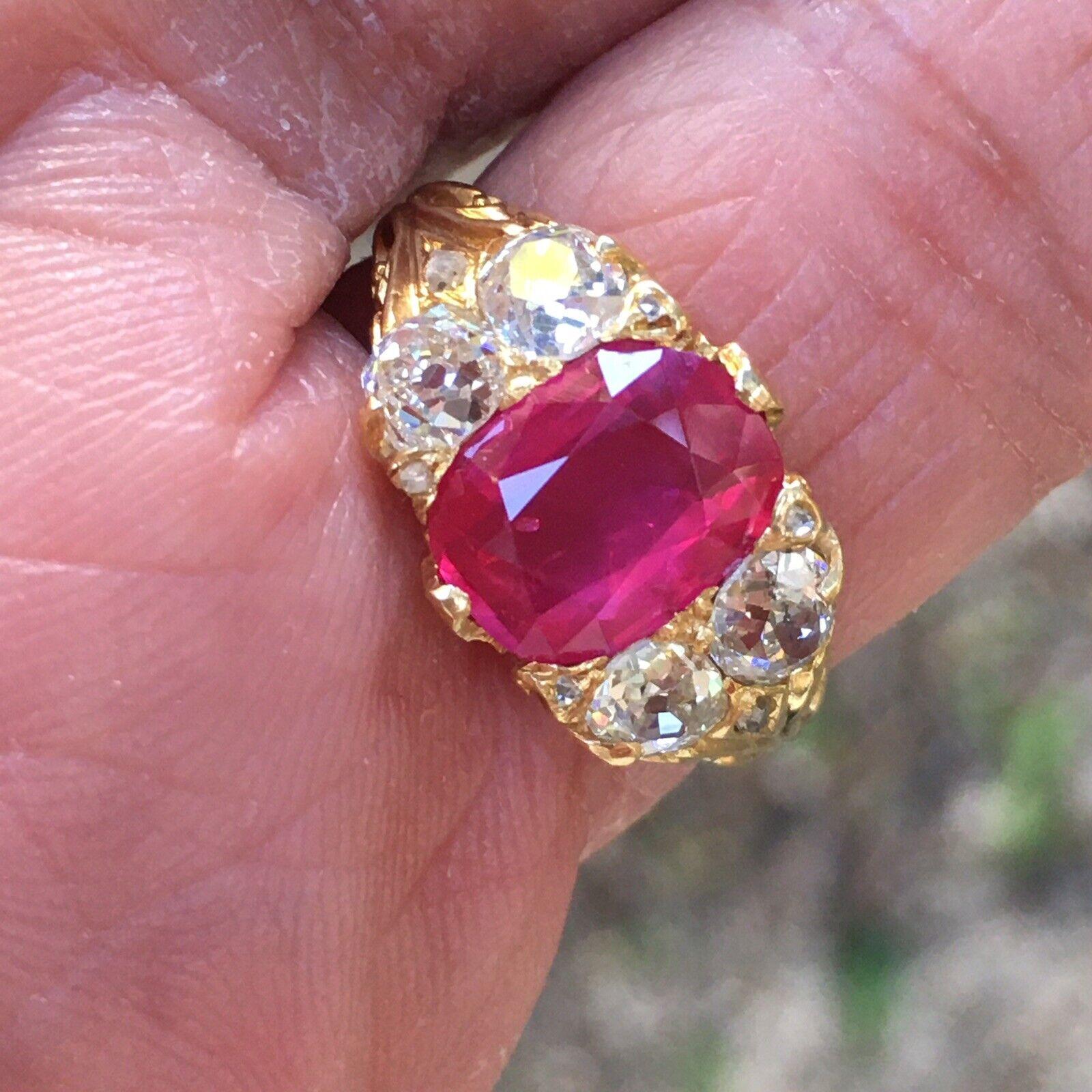 Victorian circa 1869 Unheated Burmese Ruby Diamond Ring 18k Antique Yellow Gold For Sale 3