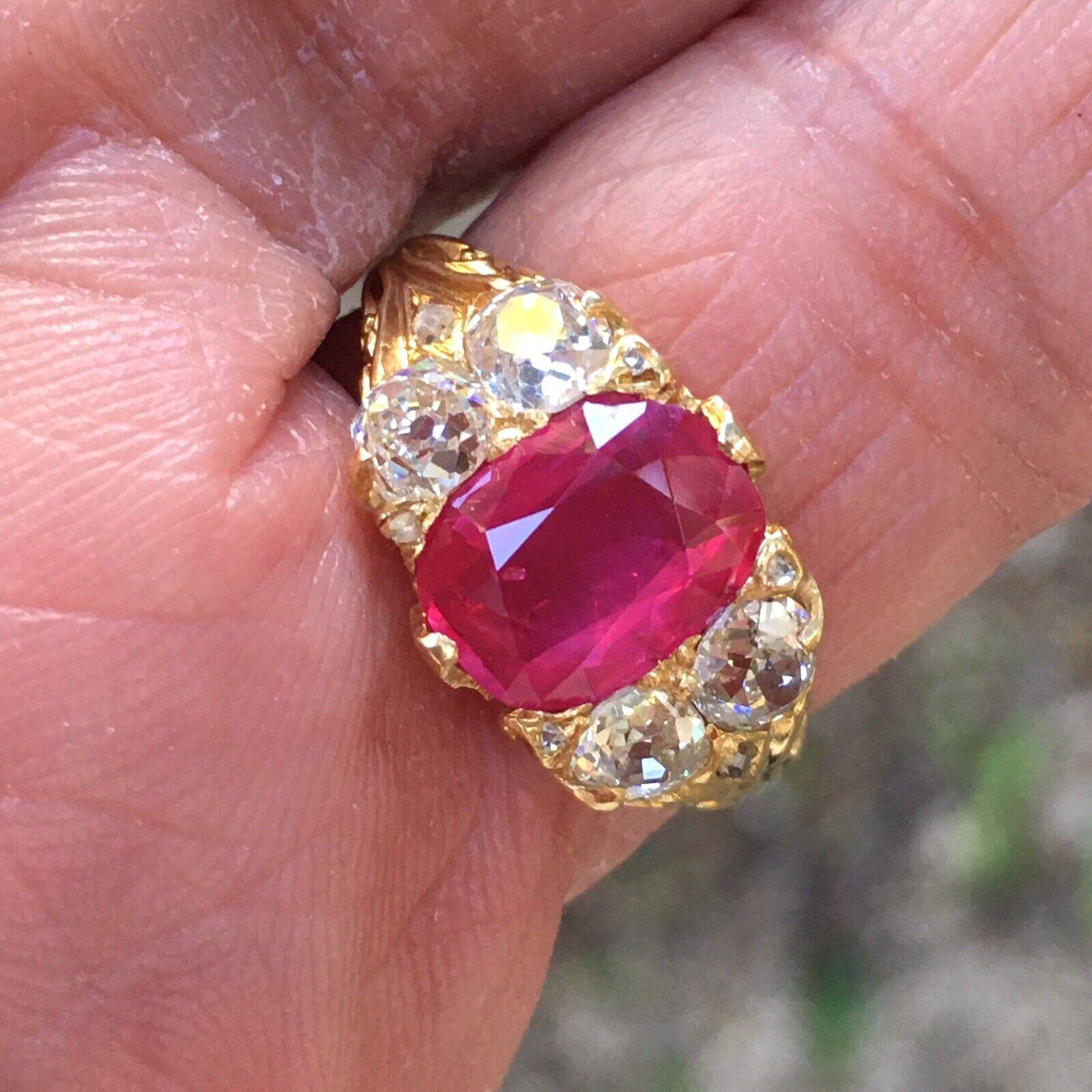 Victorian circa 1869 Unheated Burmese Ruby Diamond Ring 18k Antique Yellow Gold For Sale 4