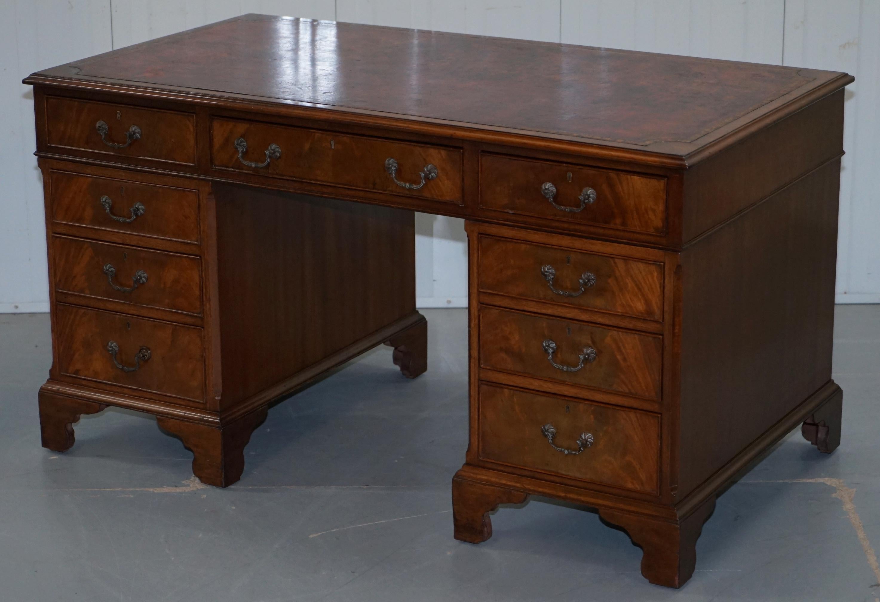 Early Victorian Victorian circa 1870 Twin Pedestal Mahogany Partner Desk Hand Dyed Brown Leather