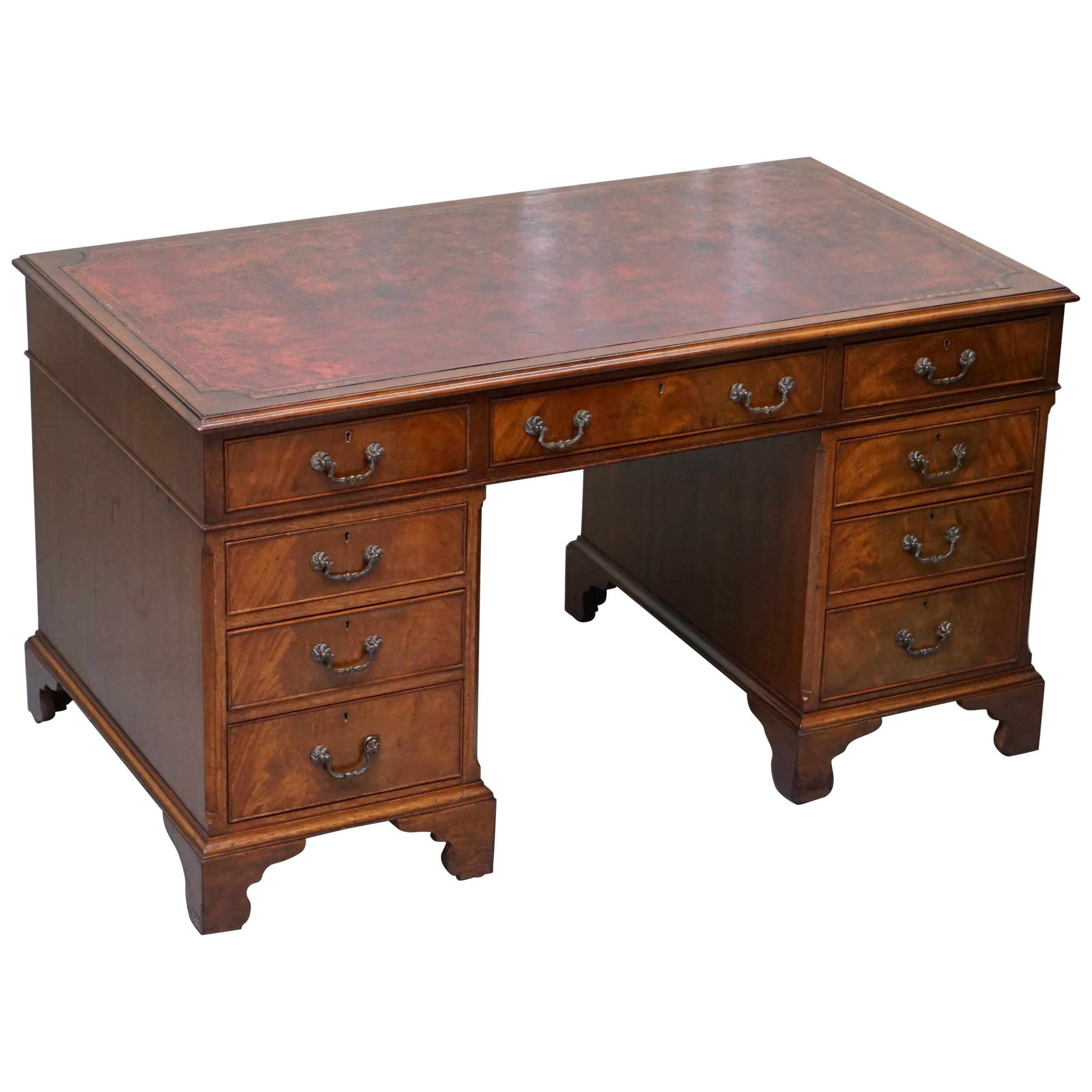 Victorian circa 1870 Twin Pedestal Mahogany Partner Desk Hand Dyed Brown Leather