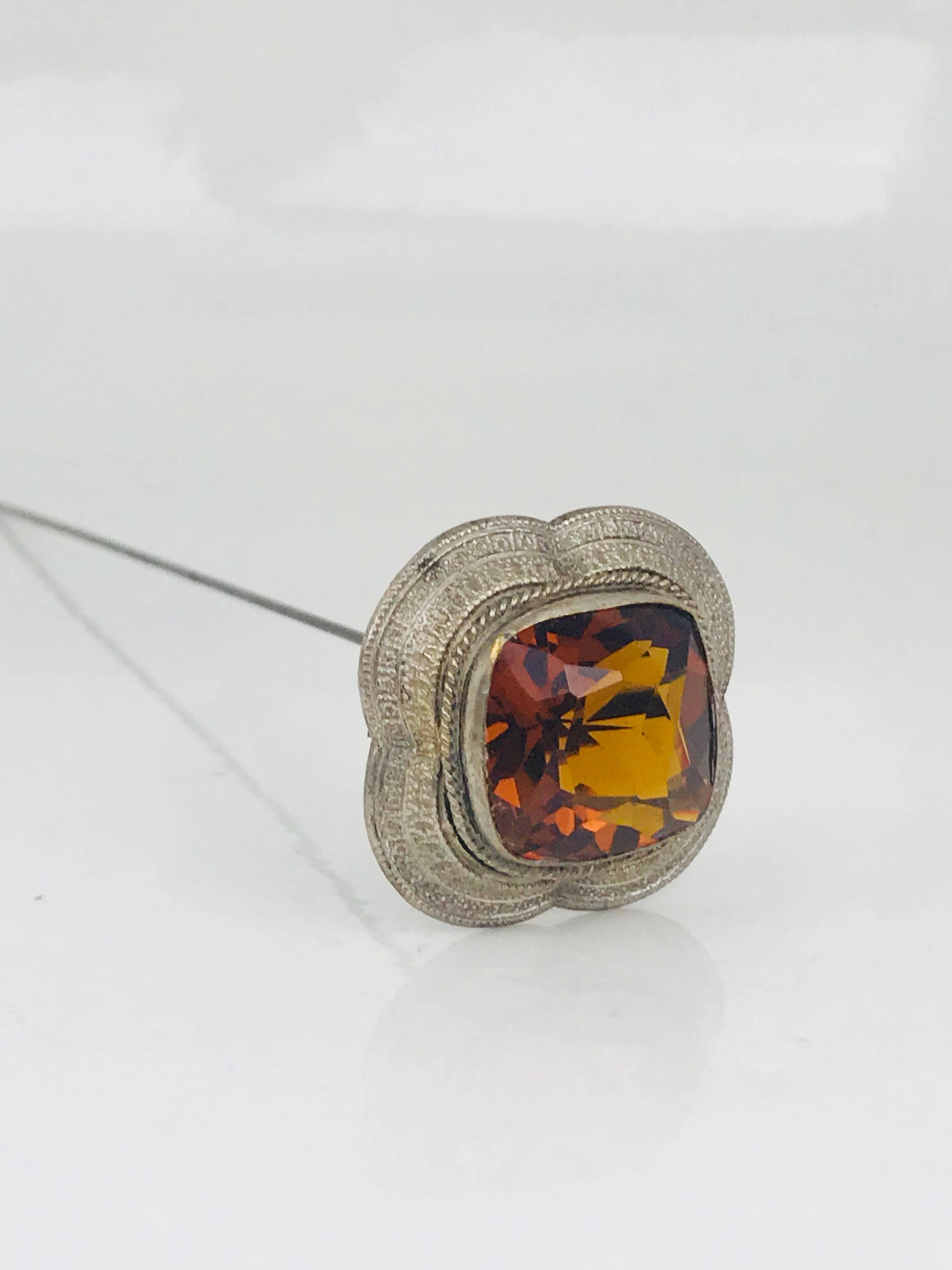 Victorian, circa 1870, Handmade Hat Pin, Orange, Faceted, Cushion Cut In Excellent Condition For Sale In Aliso Viejo, CA
