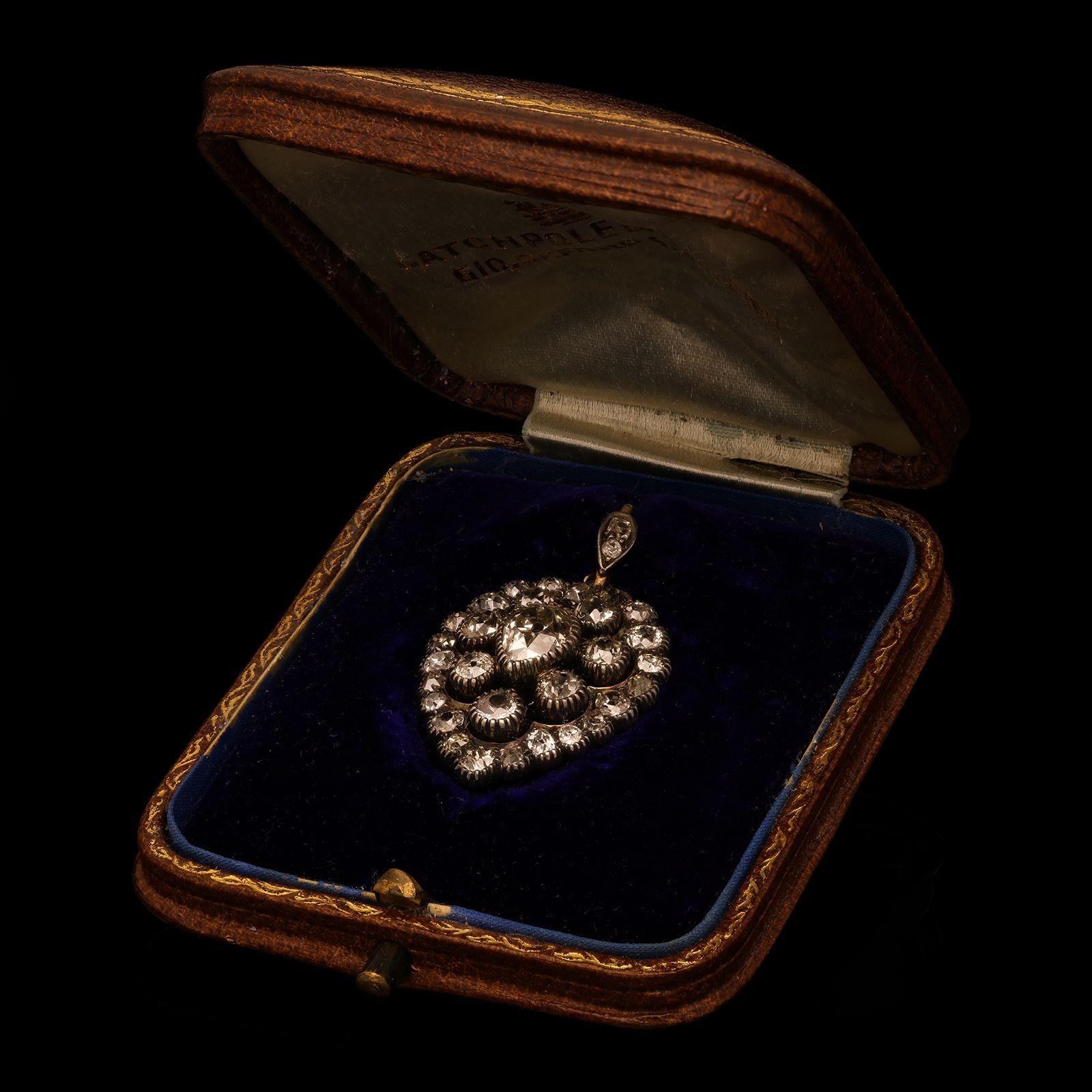 Old Mine Cut Victorian circa 1870s Fine Heart Shaped Diamond Pendant For Sale