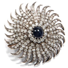Victorian circa 1880 Certified 7.51 ct Diamond Sapphire Sunburst Brooch Pendant