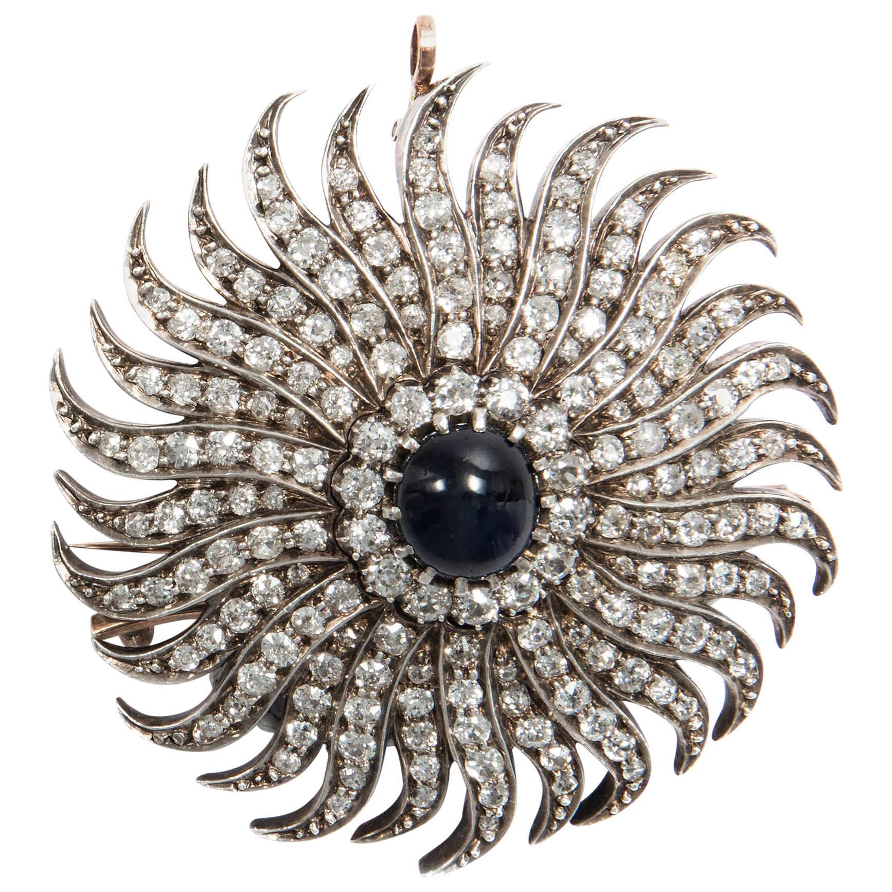 Victorian circa 1880 Certified 7.51 ct Diamond Sapphire Sunburst Brooch Pendant For Sale