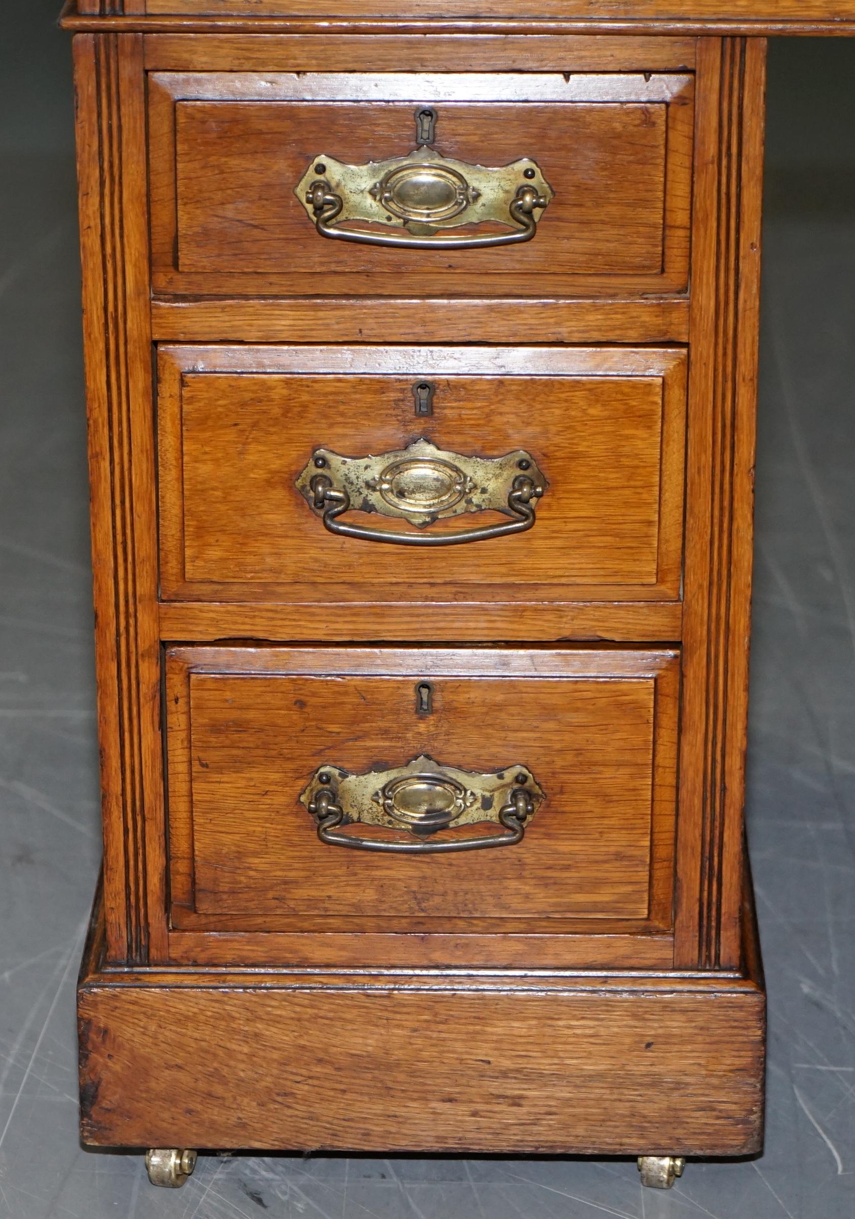 Victorian circa 1880 English Oak Twin Pedestal Partner Desk Oxblood Leather Top 6