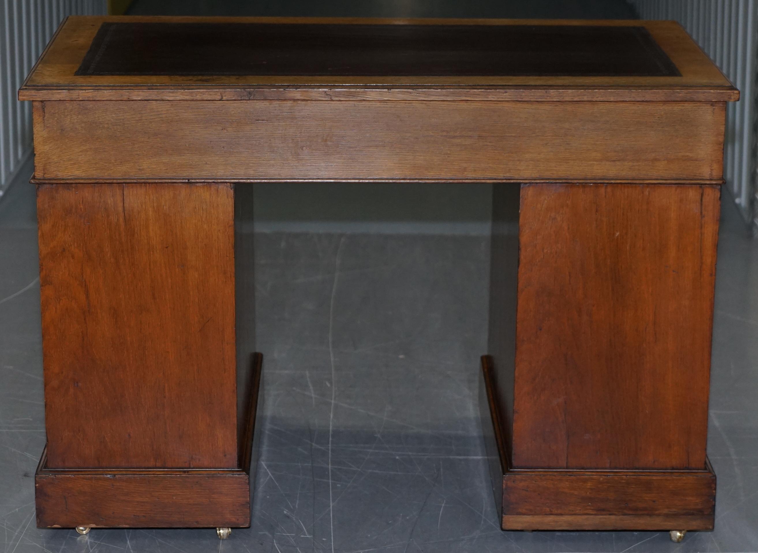 Victorian circa 1880 English Oak Twin Pedestal Partner Desk Oxblood Leather Top 8