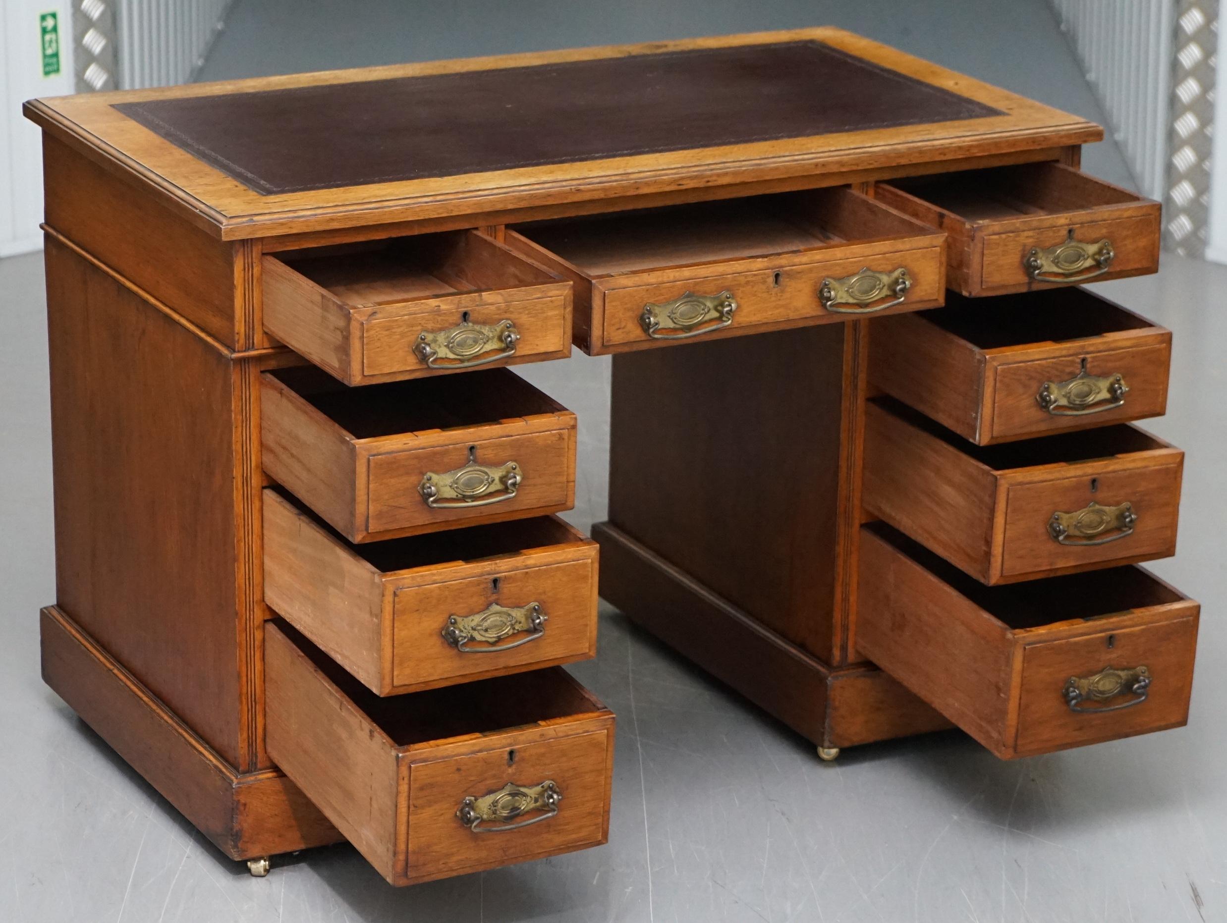 Victorian circa 1880 English Oak Twin Pedestal Partner Desk Oxblood Leather Top 9