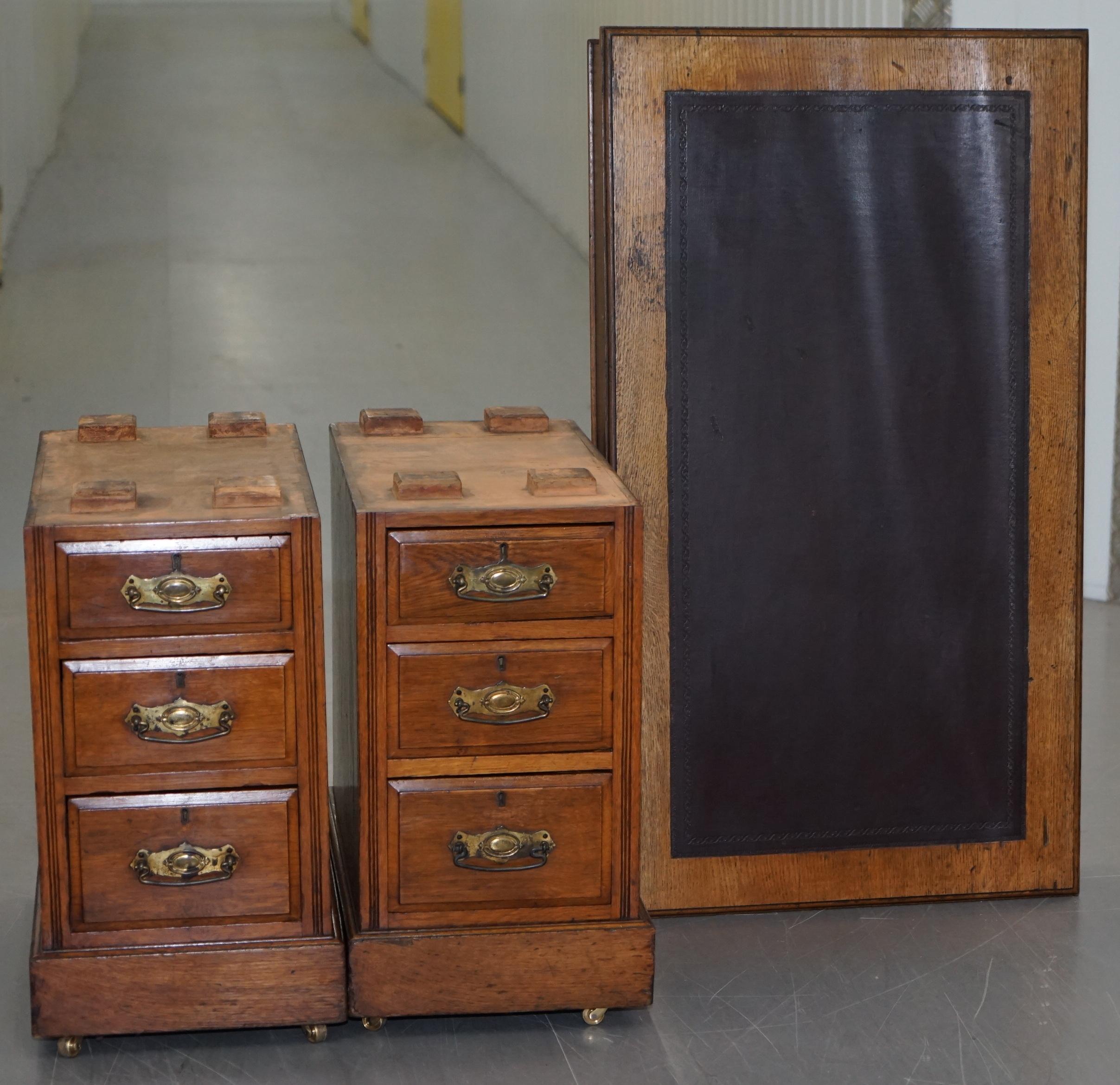 Victorian circa 1880 English Oak Twin Pedestal Partner Desk Oxblood Leather Top 15