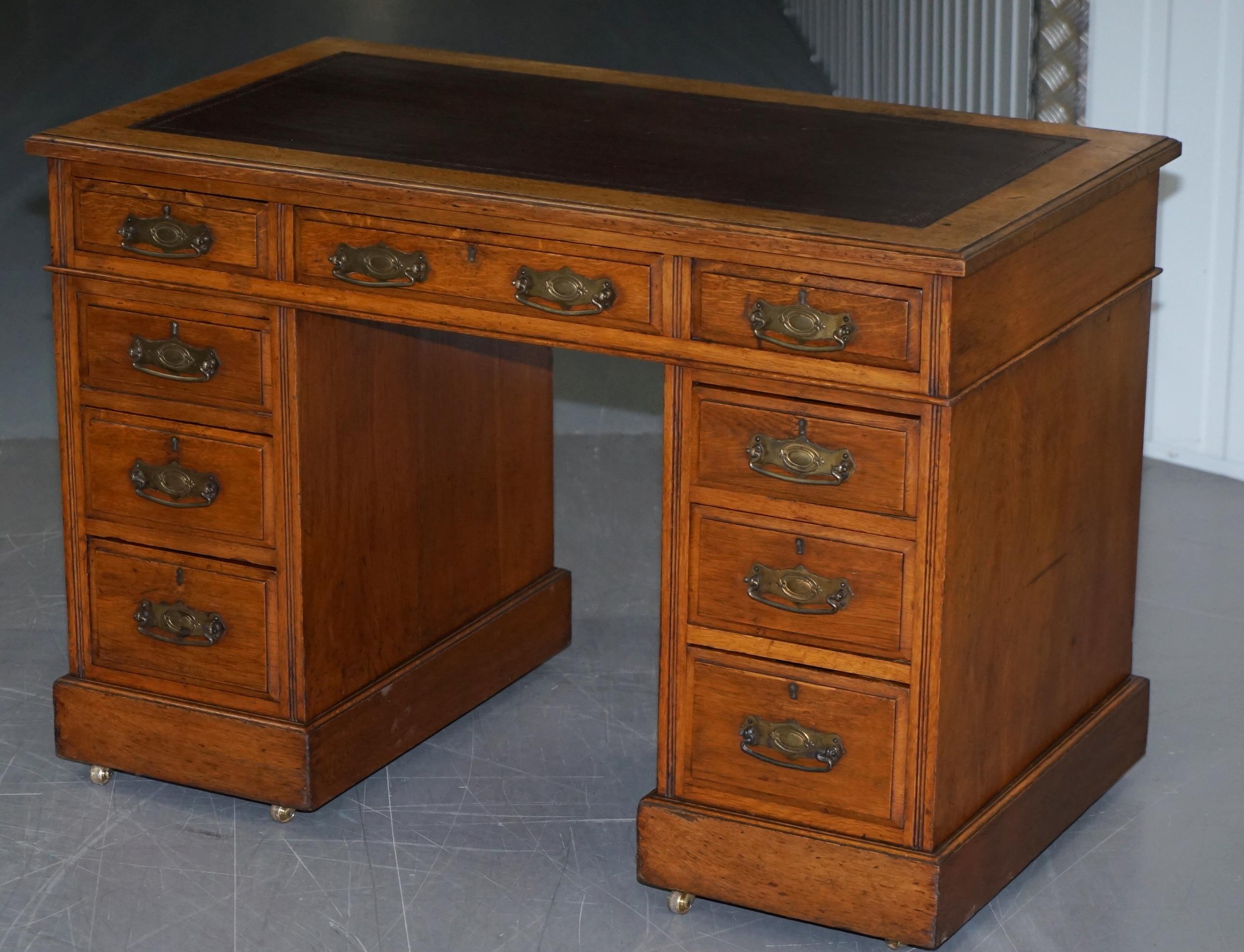 Hand-Crafted Victorian circa 1880 English Oak Twin Pedestal Partner Desk Oxblood Leather Top